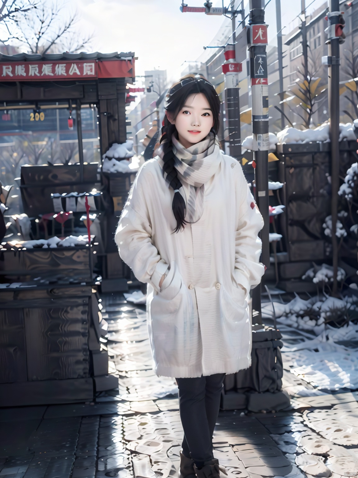  1girl, asian,smile,solo, long hair, looking at viewer, black hair, long sleeves, standing, braid, outdoors, parted lips, striped, scarf, twin braids, lips, coat, sleeves past wrists, realistic, white scarf, winter clothes, photo background, train station