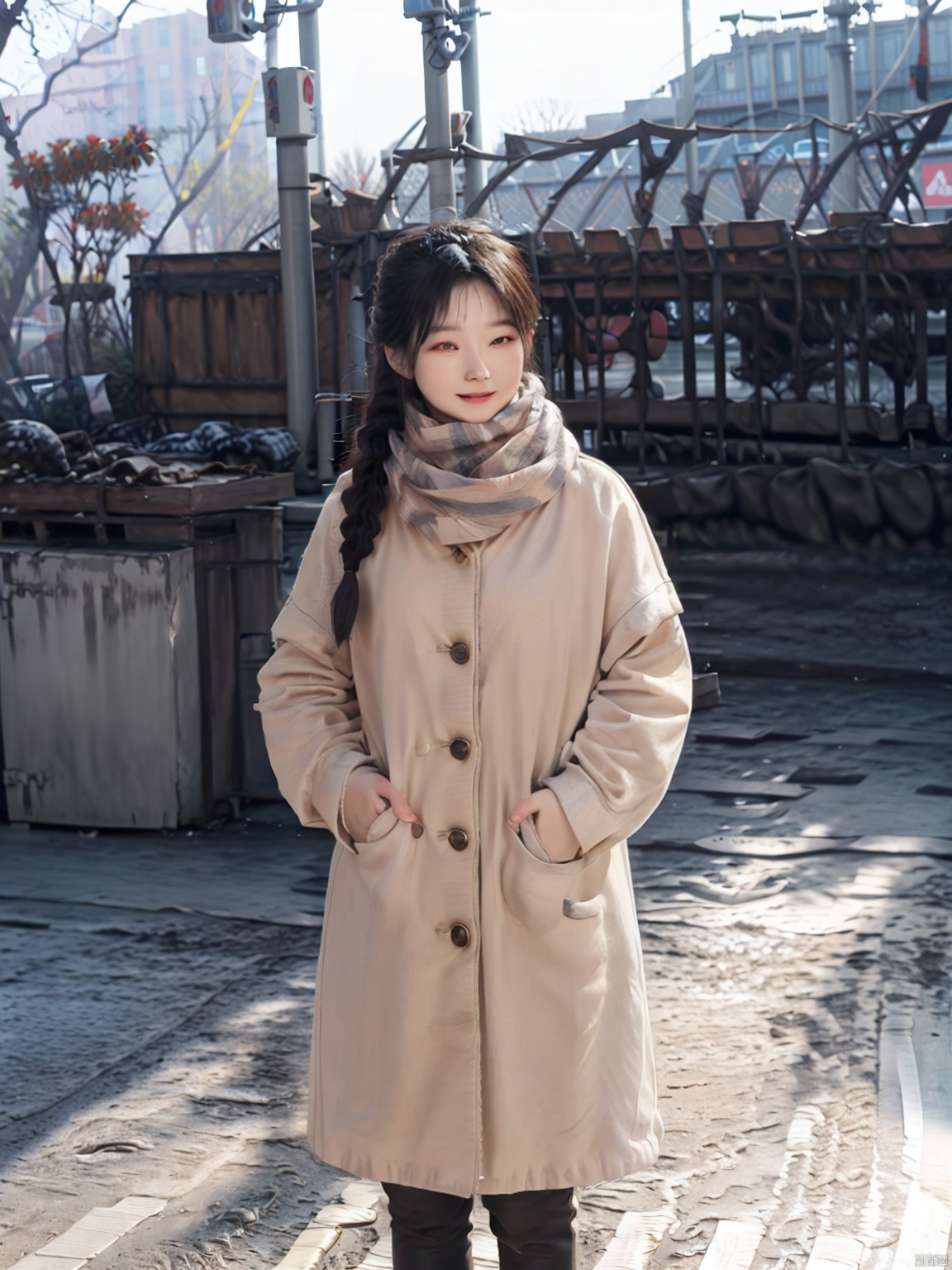 1girl, asian,smile,solo, long hair, looking at viewer, black hair, long sleeves, standing, braid, outdoors, parted lips, striped, scarf, twin braids, lips, coat, sleeves past wrists, realistic, white scarf, winter clothes, photo background, train station