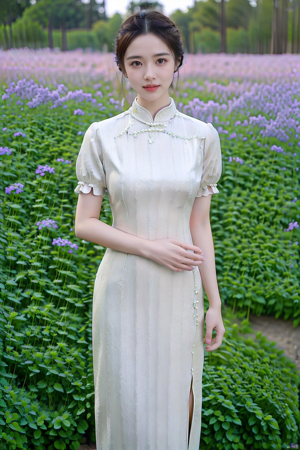 (global illumination, reality,ray tracing, HDR, unreal rendering, reasonable design, high detail, masterpiece,best quality, ultra high definition, movie lighting),
1girl,outdoor,looking_at_viewer,side_blunt_bangs,china_dress,chinese_style,big breasts,pose,solo,1girl,black hair,black eyes, , cheongsam
