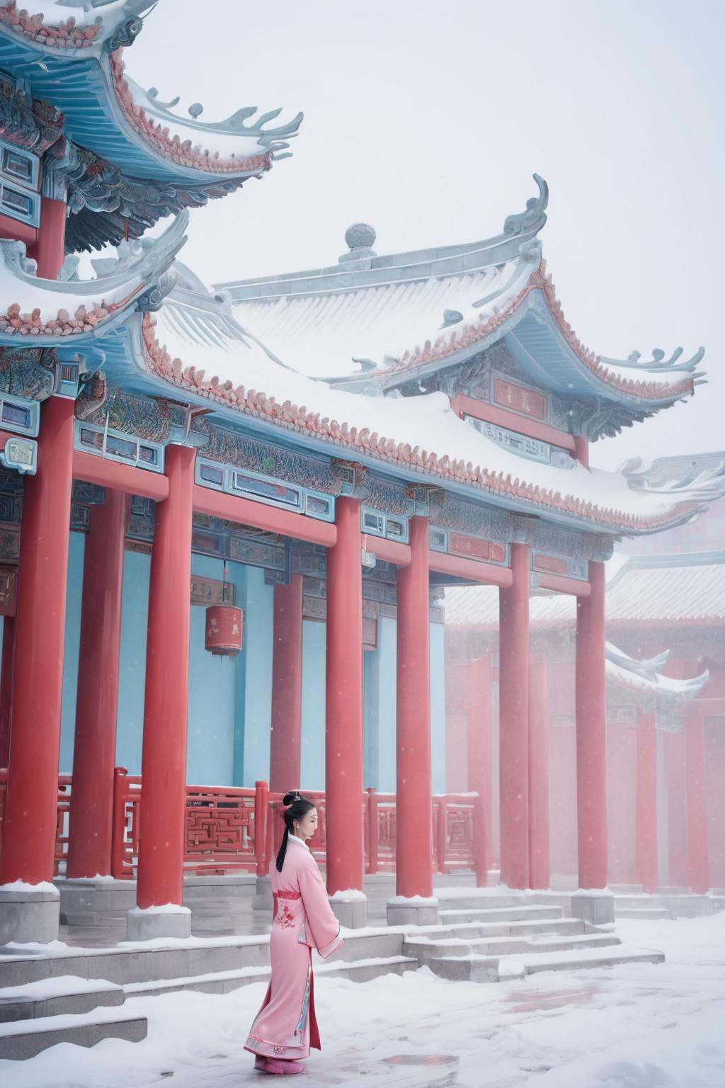 1 beautiful girl,,chinese architecture, Pink, white, light blue building with red columns and cornices, chinese tradition architecture,snowing,  <lora:Joi Qiao:0.6><lora:blindbox_v1_mix:1.0>