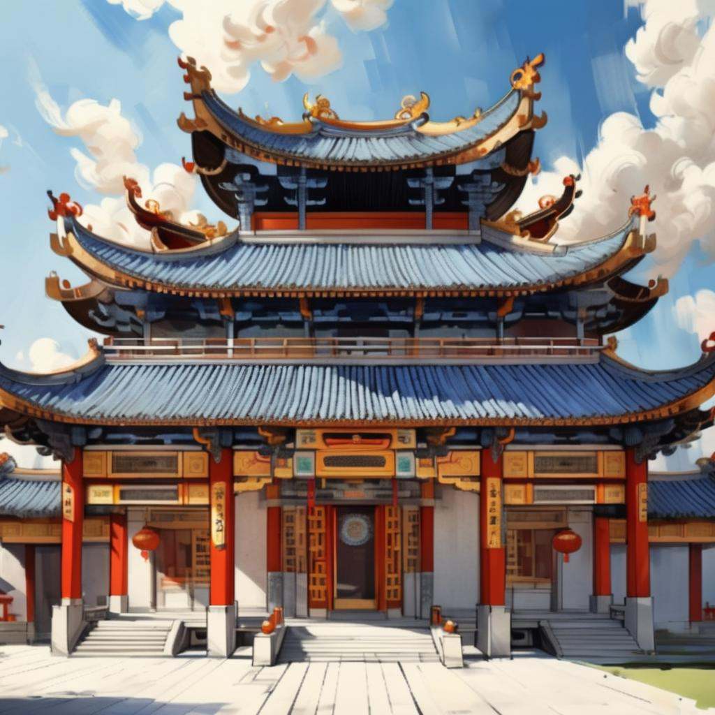 chinese tradition architecture,summer,sun light,clouds in the blue sky