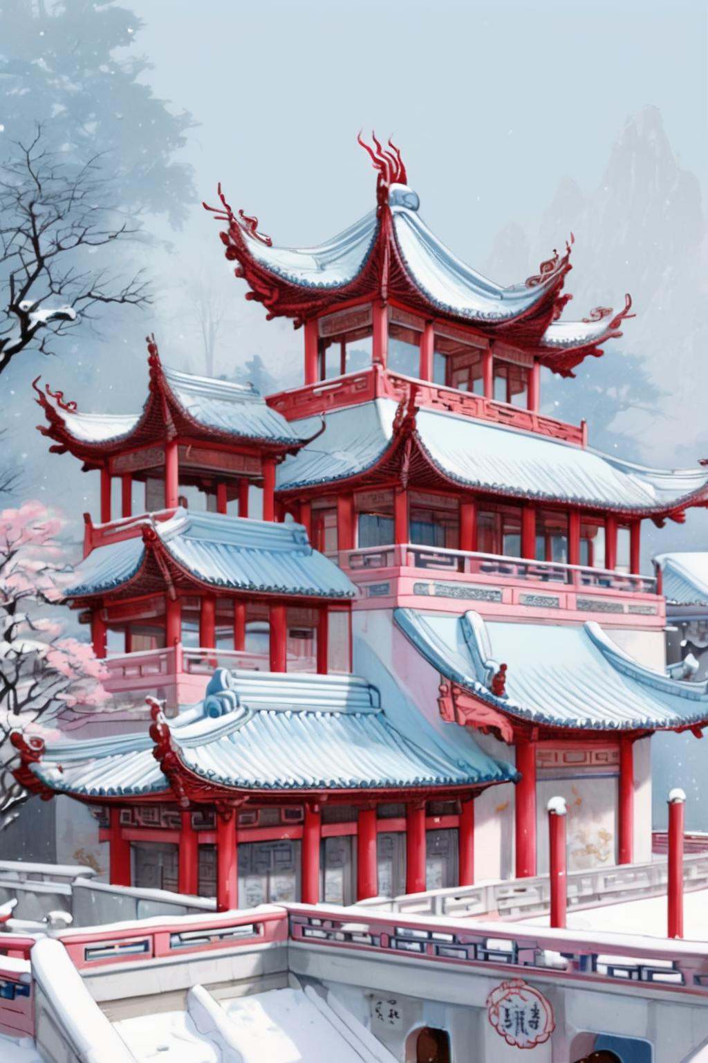 <lora:Chinese Architecture-R-000001:0.6>,chinese architecture, Pink, white, light blue building with red columns and cornices, chinese tradition architecture,snowing, <lora:blindbox_v1_mix:1.0>