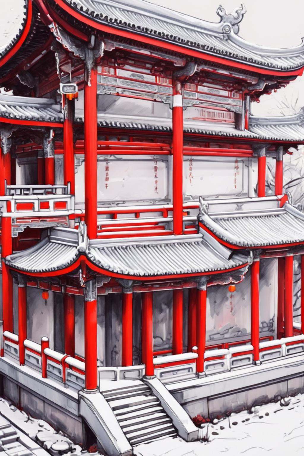 <lora:Chinese Architecture-R-000009:0.6>,chinese architecture, Red tone building, red columns, cornice corners, white steps, light gray lines, a simple and clean background,chinese tradition architecture,snowing, <lora:blindbox_v1_mix:1.0>