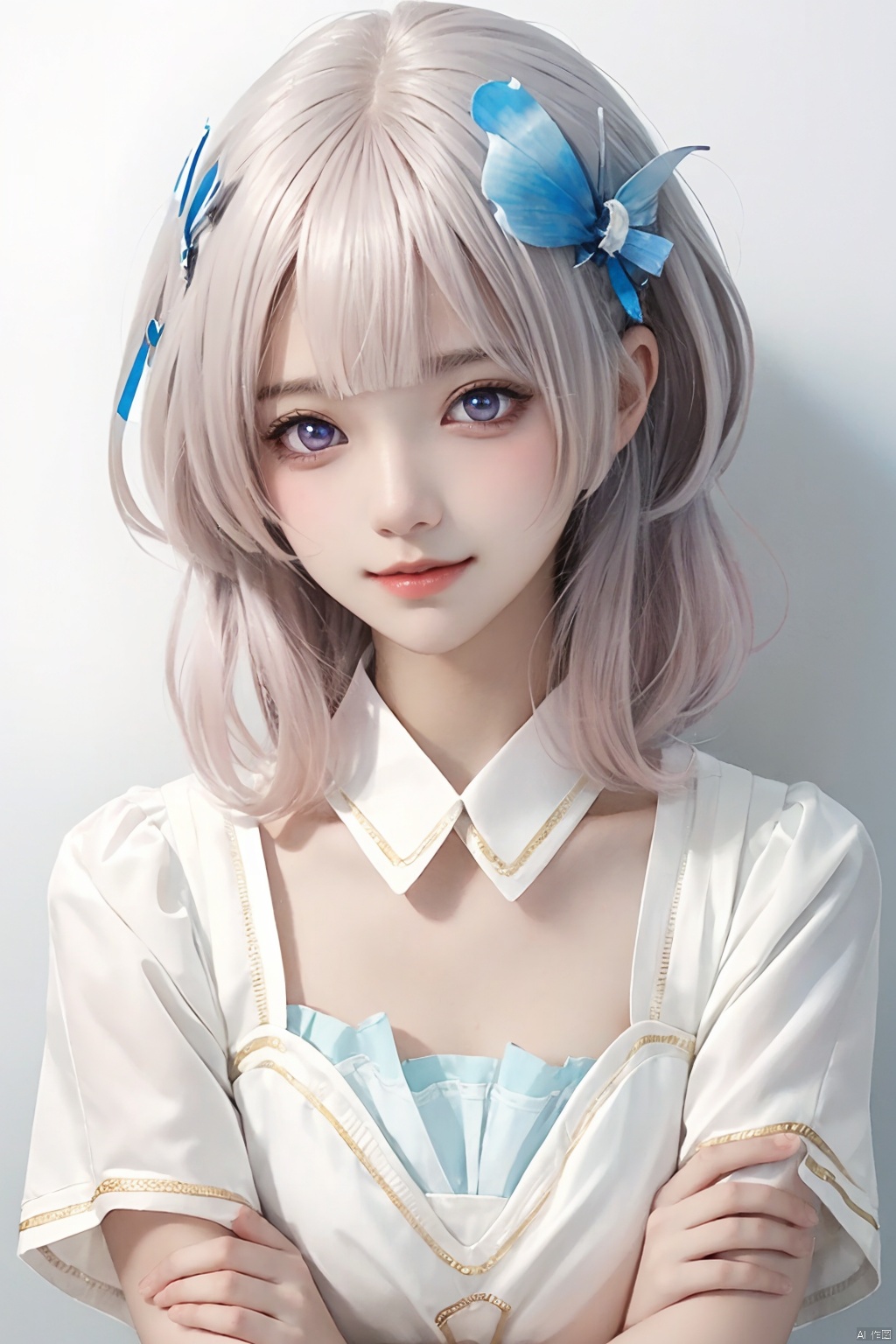  blunt bangs, masterpiece, best quality, best illustration, ultra-detailed, upper body, solo, 1 girl, looking at viewer, upright, arms at sides, beautiful detailed eyes, concept art, white background, simple background, short sleeves, watercolor pencil, expressionless, blush, virtual youtuber, short hair