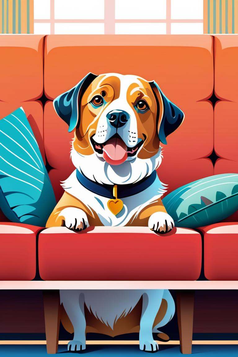 Raise head slightly,face upward,Looking at viewer,Illustration style,1 dog on the sofa,whole dog body,Fabric sofa