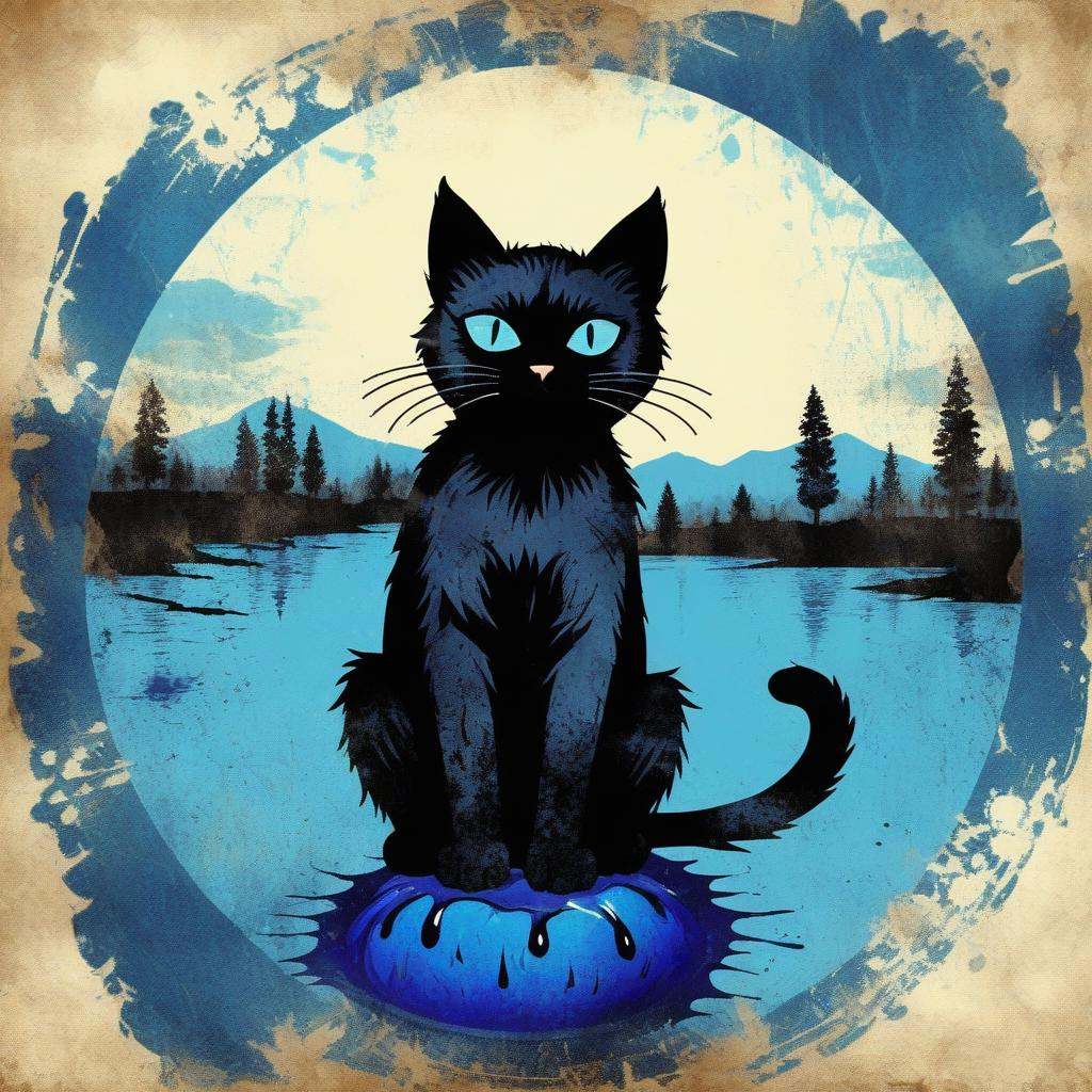 Grunge style a cute black cat in the huge blue tear,natural landscape background . Textured, distressed, vintage, edgy, punk rock vibe, dirty, noisy