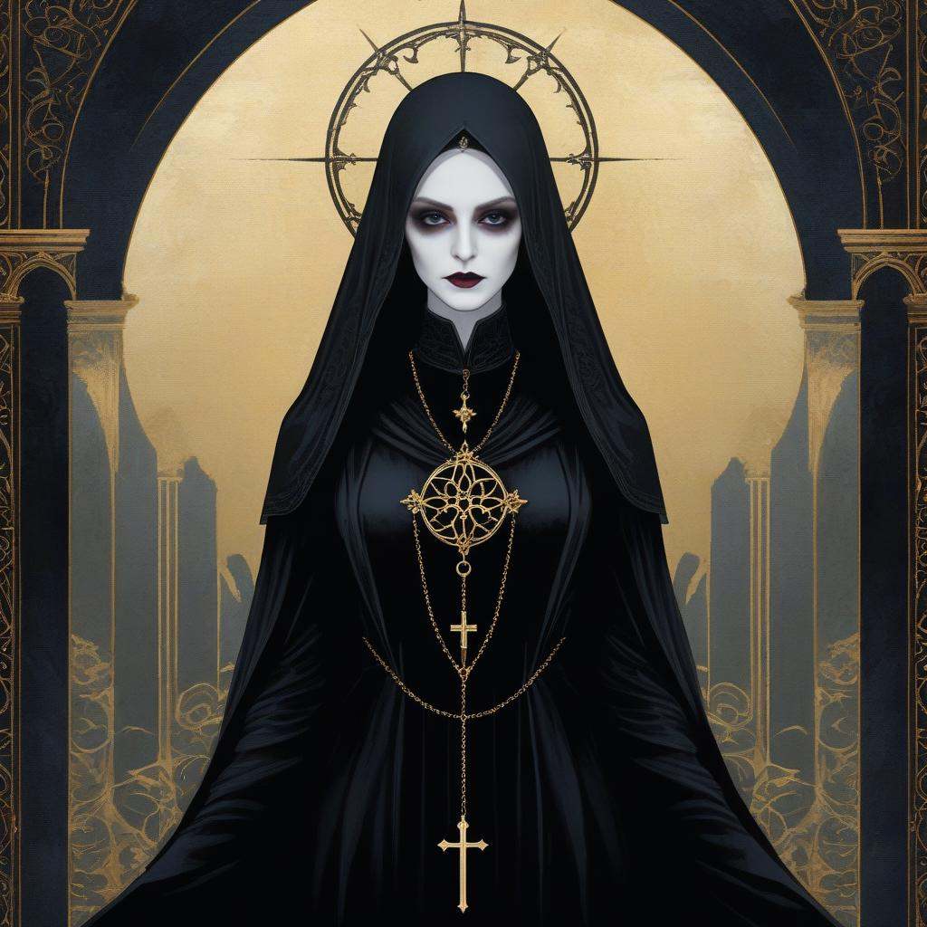 A lady of faith,(masterpiece, top quality, best quality, official art, beautiful and aesthetic:1.2) ,cover art,illustration minimalism, macabre style Velvet "The Art of Ancients", dark, gothic, grim, haunting, highly detailed