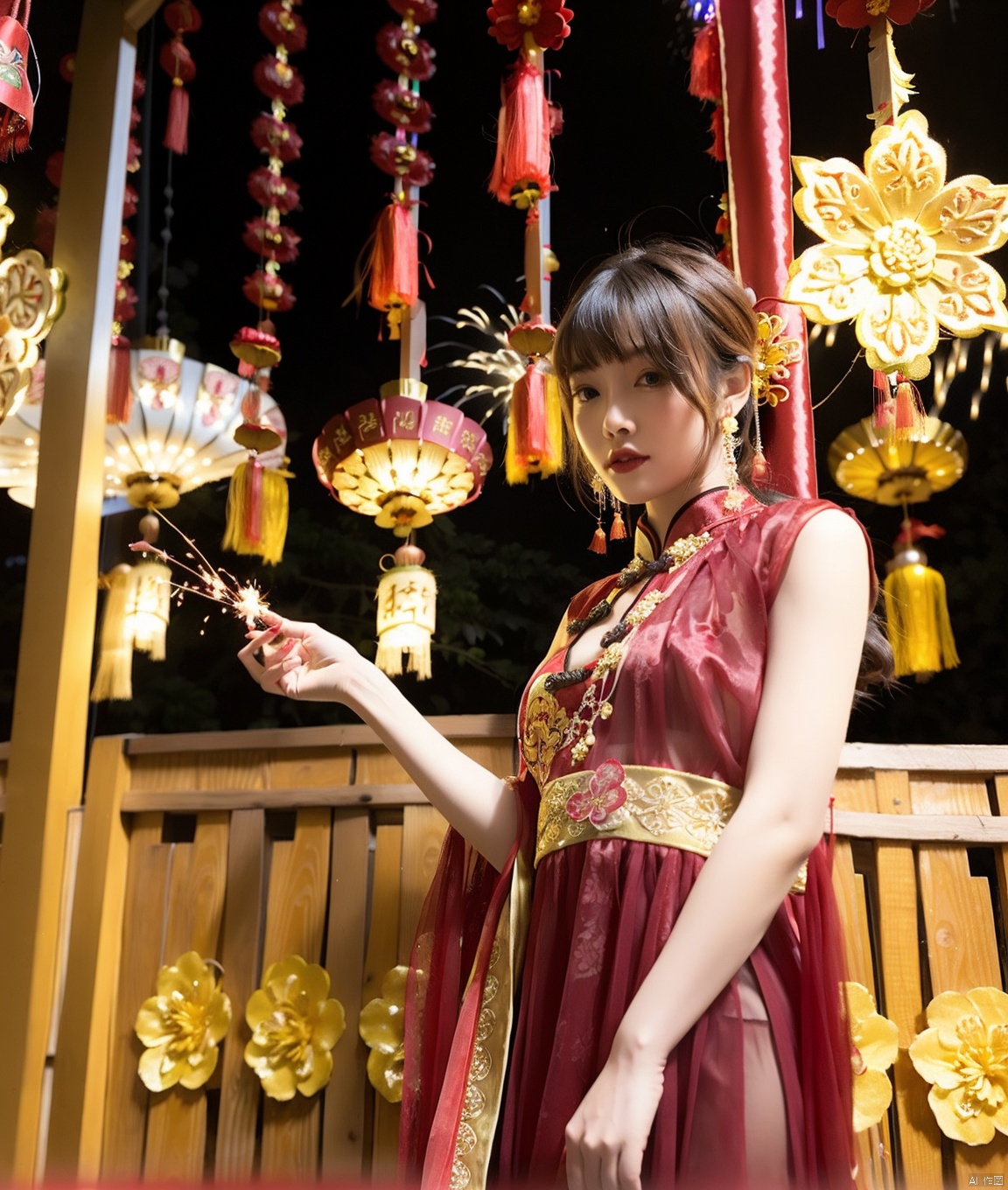 Beauty wearing a red dress. Pass the Chinese New Year. The background is a festive background,  and there are beautiful bl...
