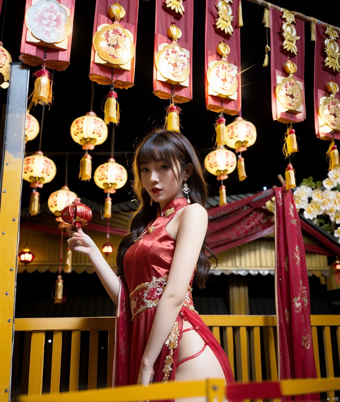 Beauty wearing a red dress. Pass the Chinese New Year. The background is a festive background,  and there are beautiful bl...