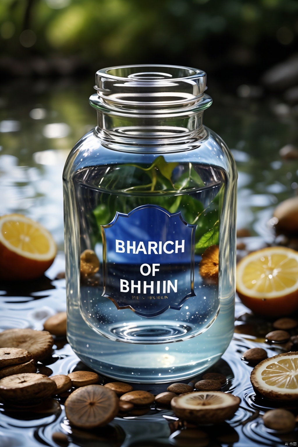 water, blurry, english text, no humans, depth of field, blurry background, bottle, reflection, jar, still life