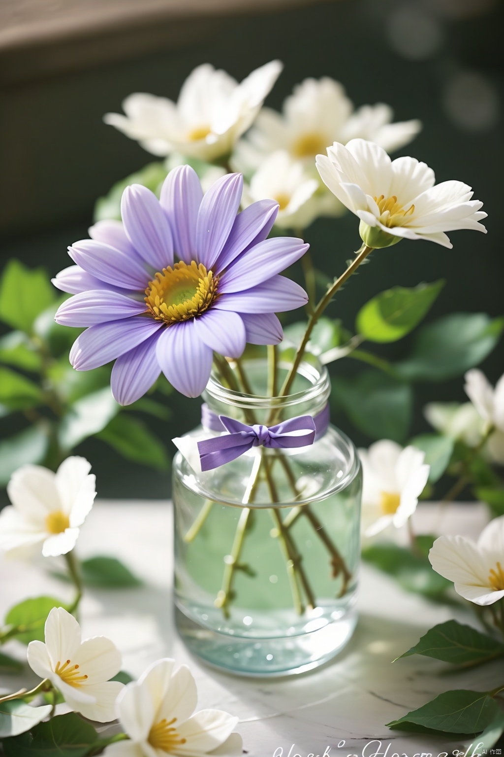 flower, artist name, blurry, english text, no humans, depth of field, blurry background, white flower, realistic, purple flower, still life