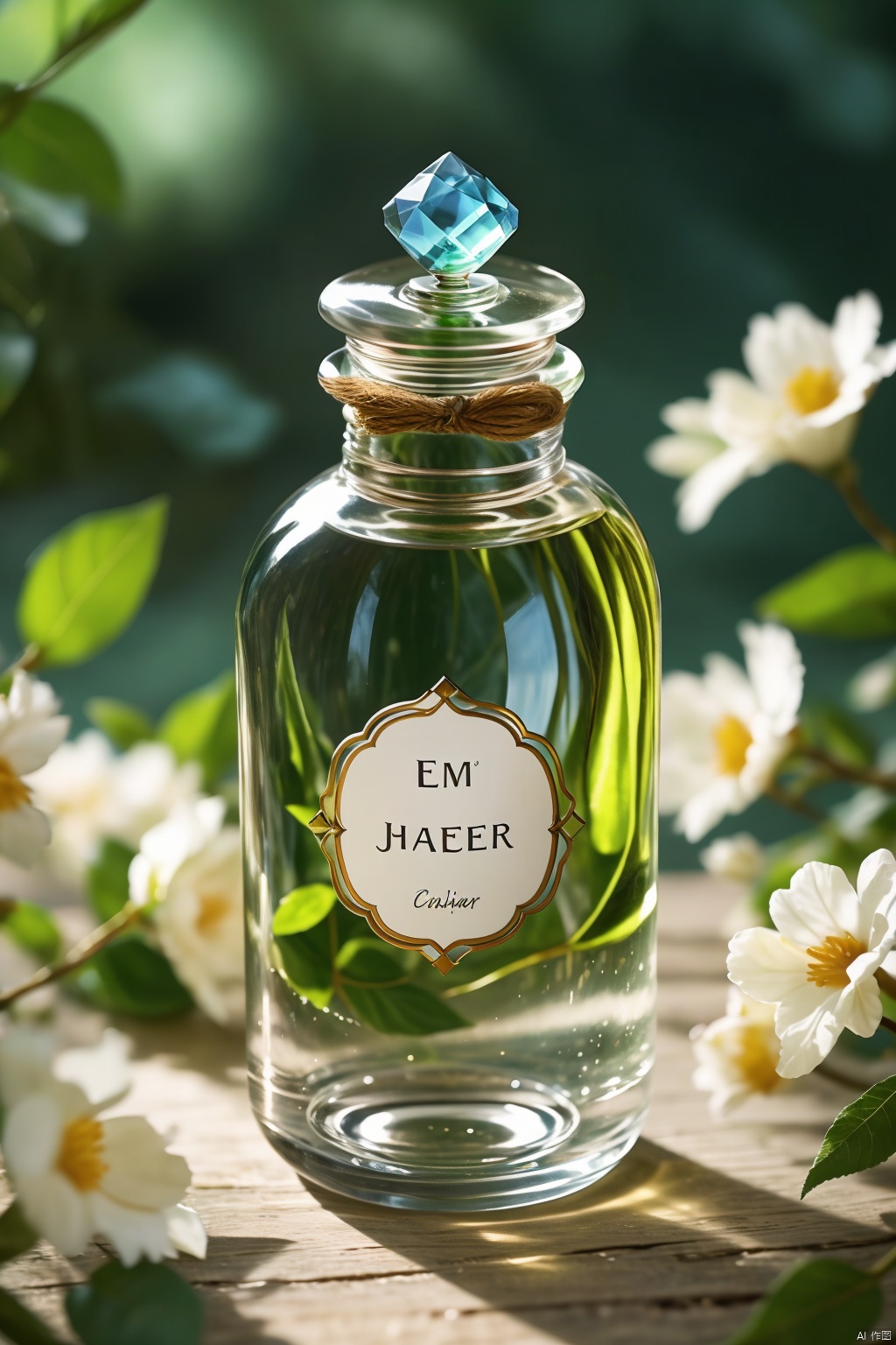 flower, artist name, blurry, english text, no humans, depth of field, blurry background, bottle, gem, jar, still life