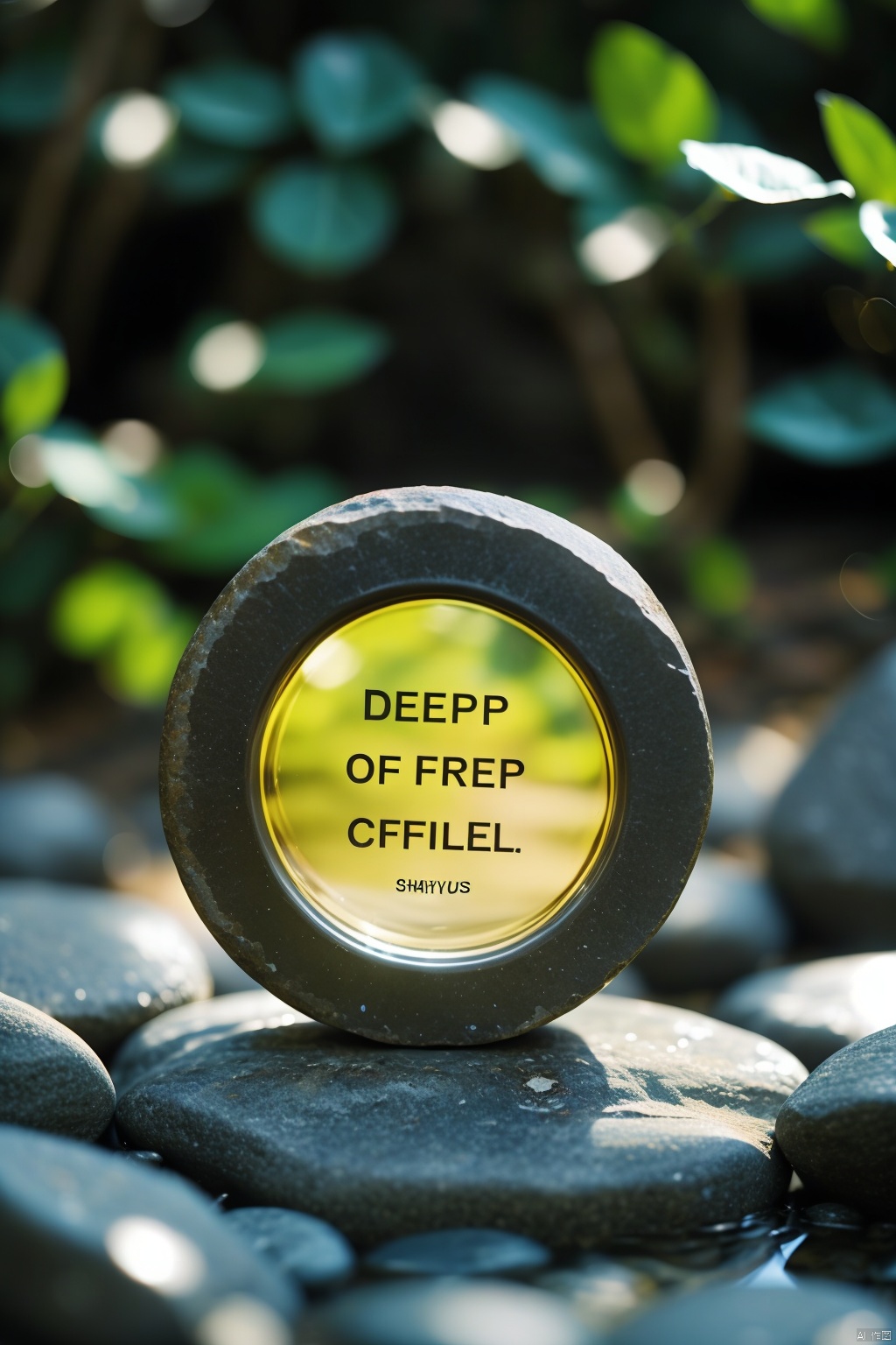  shiny, blurry, english text, no humans, depth of field, blurry background, rock, still life