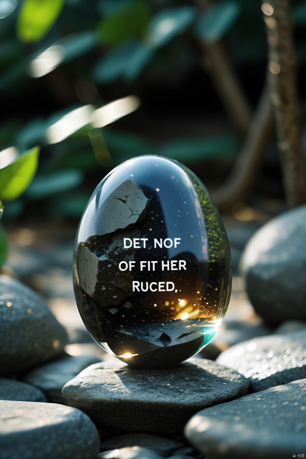  shiny, blurry, english text, no humans, depth of field, blurry background, rock, still life