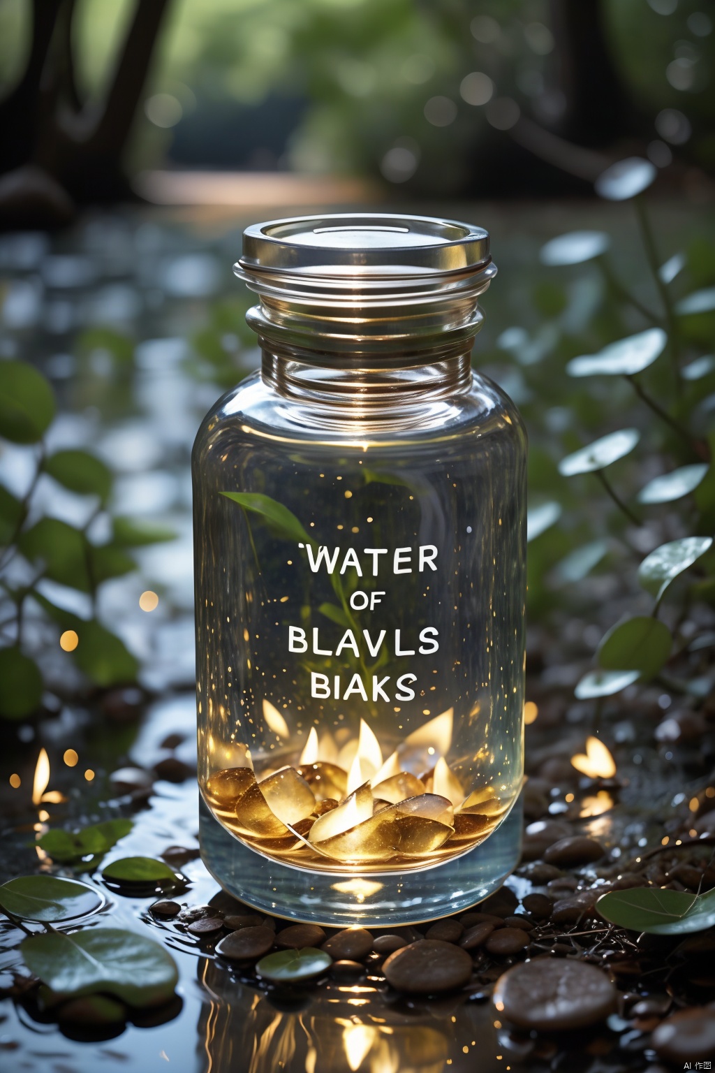  Water, English text BLUE, no humans, depth of field, bottles, reflections, fireflies in jars, still life