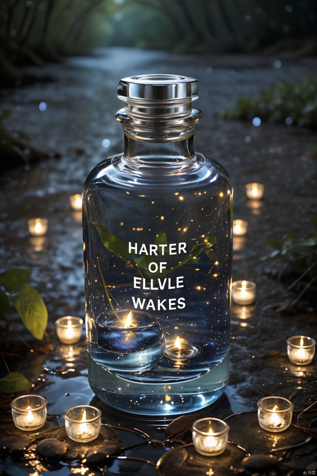  Water, English text BLUE, no humans, depth of field, bottles, reflections, fireflies in jars, still life