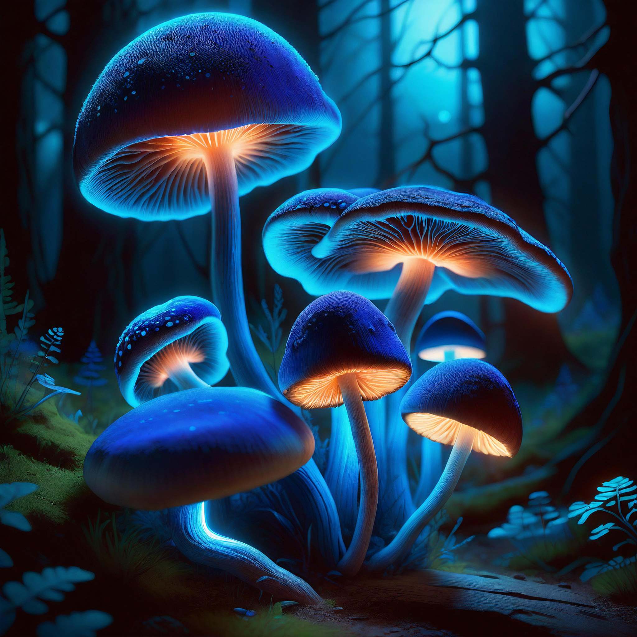 Positive prompt:Digital Artwork:1.3 of an octane render of a nocturnal landscape,  where a cluster of bioluminescent fungi...