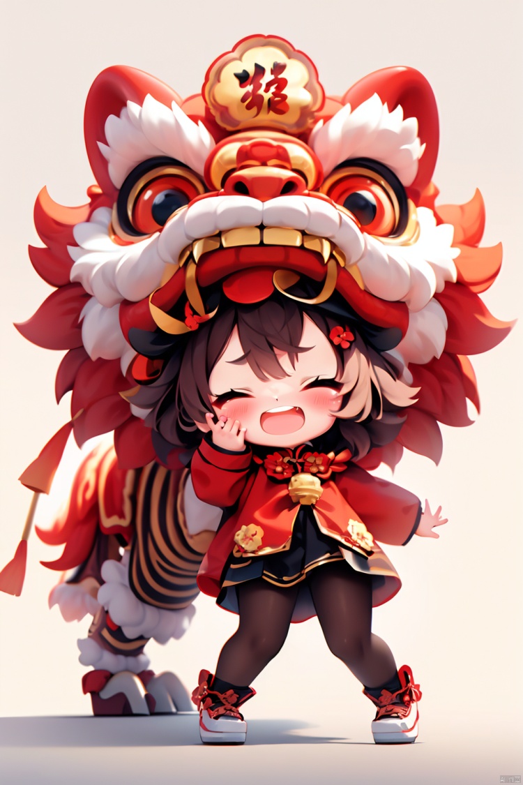 Lion dance,(\shi shi ru yi\), 1girl, closed eyes, open mouth, brown hair, smile, hat, red headwear, long sleeves, chibi, teeth, white background, simple background, full body, bangs, blush, standing, chinese clothes, pantyhose, red jacket, shoes, hairclip, solo