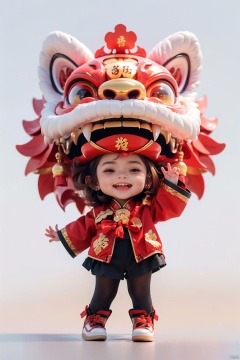 Lion dance,(\shi shi ru yi\), 1girl, closed eyes, open mouth, brown hair, smile, hat, red headwear, long sleeves, chibi, teeth, white background, simple background, full body, bangs, blush, standing, chinese clothes, pantyhose, red jacket, shoes, hairclip, solo