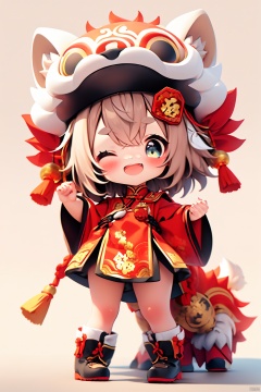Lion dance,(\shi shi ru yi\), 1girl, one eye closed, smile, open mouth, dress, hat, solo, blush, full body, looking at viewer, bangs, standing, black footwear, hair between eyes, brown hair, horns, long sleeves, hair ornament, thick eyebrows, blue eyes, simple background, boots, chibi