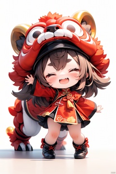 Lion dance,(\shi shi ru yi\), 1girl, closed eyes, smile, hat, black footwear, brown hair, open mouth, thick eyebrows, dress, long hair, teeth, red headwear, long sleeves, solo, facing viewer, white background, short eyebrows, arm up, standing, blush, bangs, simple background, full body, upper teeth only, chibi, boots, wide sleeves, black dress, cabbie hat, chinese clothes, socks