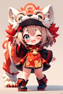 Lion dance,(\shi shi ru yi\), 1girl, one eye closed, smile, open mouth, dress, hat, solo, blush, full body, looking at viewer, bangs, standing, black footwear, hair between eyes, brown hair, horns, long sleeves, hair ornament, thick eyebrows, blue eyes, simple background, boots, chibi