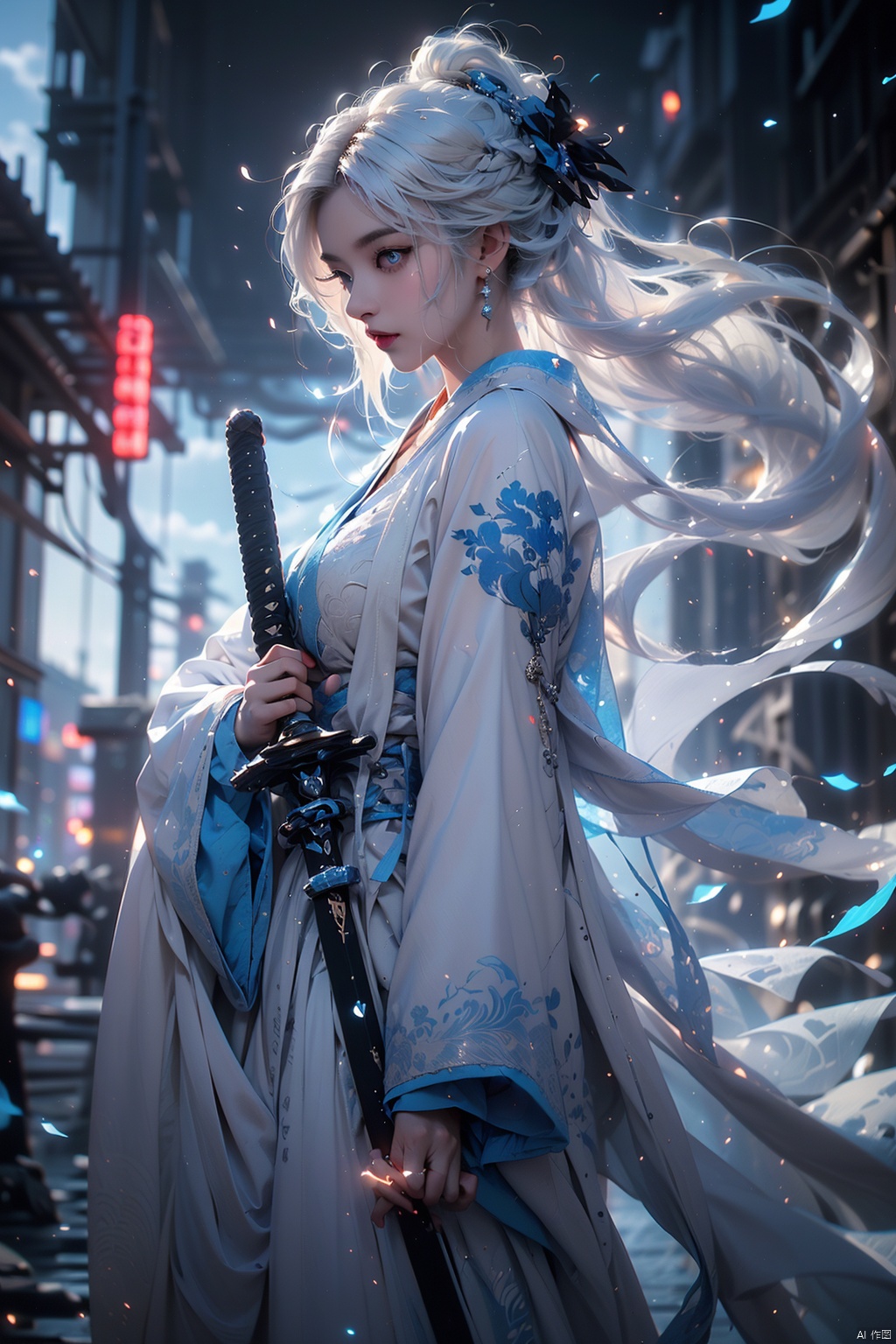 ((best quality)),  ((masterpiece)),  ((ultra-detailed)),  extremely detailed CG,  (illustration),  ((detailed light)),  (an extremely delicate and beautiful),  a girl,  solo,  ((upper body, )),  ((cute face)),  expressionless,  (beautiful detailed eyes),  full breasts,  (medium breasts:1.2),  blue dragon eyes,  (Vertical pupil:1.2),  white hair,  shiny hair,  colored inner hair,  [Armor_dress],  athletic posture,  kimono,  （(White clothes,  long skirt)）, (Drifting with the wind: 1.5).（(Holding weapons,  swords,  blades,  hilts,  scabbard,  out scabbards)).(Motion Blur: 1.2),  (Depth of Field: 1.2,  (Ray Tracing Lighting: 1.2).(Surrounded by blue flames) (Blue clouds and mist)(Black background),  （(High contrast) (Bright)）,  swordsman,  guijian,<lora:EMS-88528-EMS:0.400000>,<lora:EMS-254762-EMS:0.300000>,<lora:EMS-280798-EMS:0.100000>