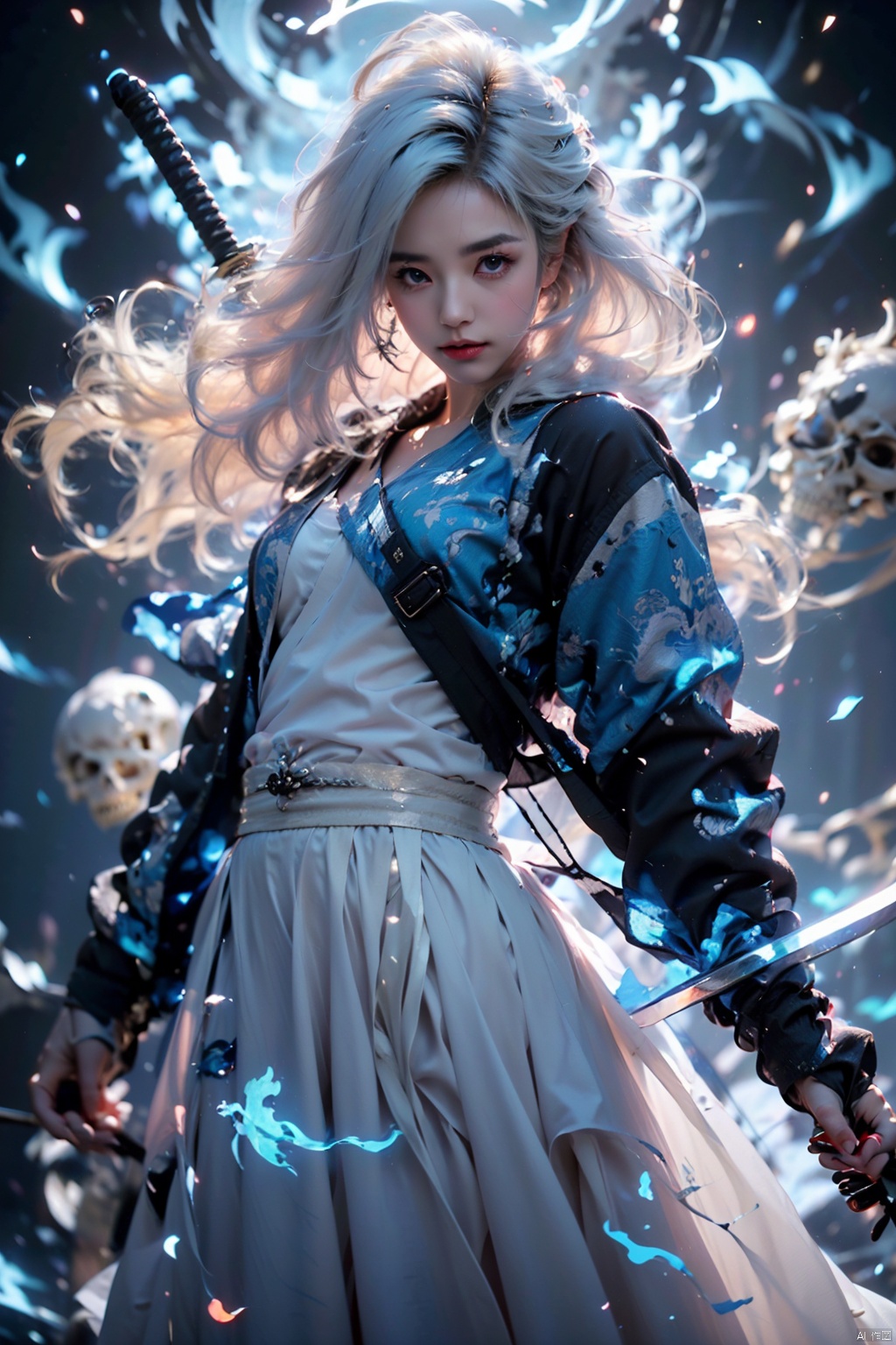  ((best quality)), ((masterpiece)), ((ultra-detailed)), extremely detailed CG, (illustration), ((detailed light)), (an extremely delicate and beautiful), a girl, solo, ((upper body,)), ((cute face)), expressionless, (beautiful detailed eyes), full breasts, (medium breasts:1.2), blue dragon eyes, (Vertical pupil:1.2), white hair, shiny hair, colored inner hair, [Armor_dress], athletic posture, kimono, （(White clothes, long skirt)）,(Drifting with the wind: 1.5).
（(Holding weapons, swords, blades, hilts, scabbard, out scabbards)).
(Motion Blur: 1.2), (Depth of Field: 1.2, (Ray Tracing Lighting: 1.2).
(Surrounded by blue flames：1.3) 
(Black background), （(High contrast) (Bright)）, (There are 2 human skeletons: 1.2), human skeleton, 1 girl