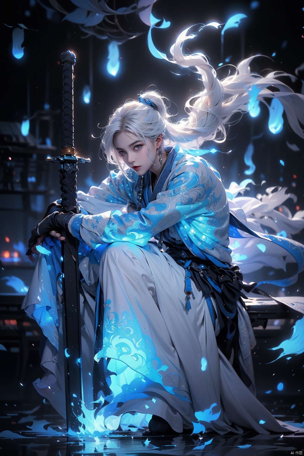((best quality)),  ((masterpiece)),  ((ultra-detailed)),  extremely detailed CG,  (illustration),  ((detailed light)),  (an extremely delicate and beautiful),  a girl,  solo,  ((upper body, )),  ((cute face)),  expressionless,  (beautiful detailed eyes),  full breasts,  (medium breasts:1.2),  blue dragon eyes,  (Vertical pupil:1.2),  white hair,  shiny hair,  colored inner hair,  [Armor_dress],  athletic posture,  kimono,  （(White clothes,  long skirt)）, (Drifting with the wind: 1.5).（(Holding weapons,  swords,  blades,  hilts,  scabbard,  out scabbards)).(Motion Blur: 1.2),  (Depth of Field: 1.2,  (Ray Tracing Lighting: 1.2).(Surrounded by blue flames) (Blue clouds and mist)(Black background),  （(High contrast) (Bright)）,  swordsman,  guijian,<lora:EMS-254762-EMS:0.300000>,<lora:EMS-280798-EMS:0.100000>,<lora:EMS-88528-EMS:0.400000>