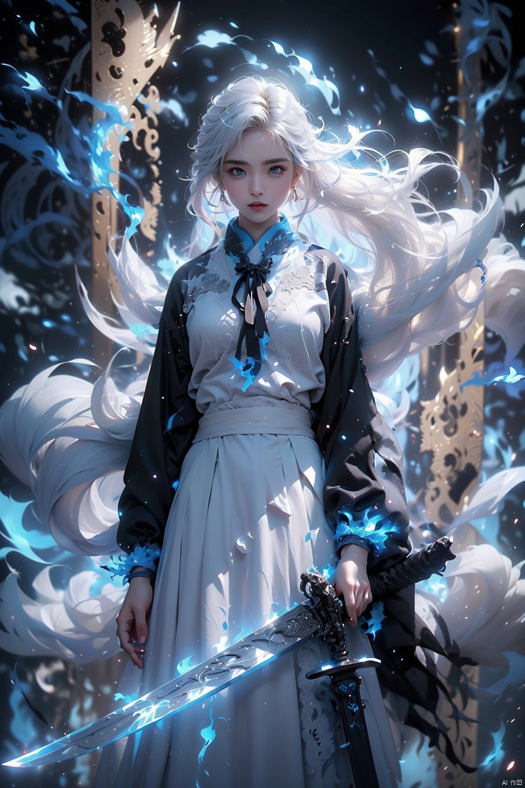 ((best quality)),  ((masterpiece)),  ((ultra-detailed)),  extremely detailed CG,  (illustration),  ((detailed light)),  (an extremely delicate and beautiful),  a girl,  solo,  ((upper body, )),  ((cute face)),  expressionless,  (beautiful detailed eyes),  full breasts,  (medium breasts:1.2),  blue dragon eyes,  (Vertical pupil:1.2),  white hair,  shiny hair,  colored inner hair,  [Armor_dress],  athletic posture,  kimono,  （(White clothes,  long skirt)）, (Drifting with the wind: 1.5).（(Holding weapons,  swords,  blades,  hilts,  scabbard,  out scabbards)).(Motion Blur: 1.2),  (Depth of Field: 1.2,  (Ray Tracing Lighting: 1.2).(Surrounded by blue flames) (Blue clouds and mist)(Black background),  （(High contrast) (Bright)）,  swordsman,  guijian,<lora:EMS-88528-EMS:0.400000>,<lora:EMS-254762-EMS:0.300000>,<lora:EMS-280798-EMS:0.100000>