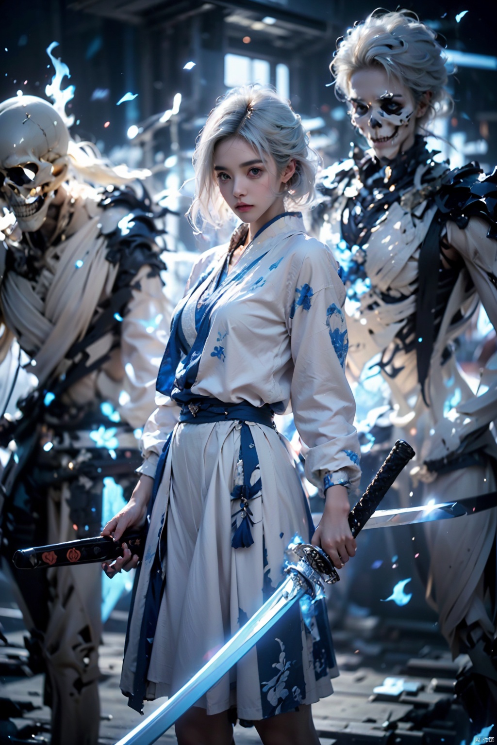  ((best quality)), ((masterpiece)), ((ultra-detailed)), extremely detailed CG, (illustration), ((detailed light)), (an extremely delicate and beautiful), a girl, solo, ((upper body,)), ((cute face)), expressionless, (beautiful detailed eyes), full breasts, (medium breasts:1.2), blue dragon eyes, (Vertical pupil:1.2), white hair, shiny hair, colored inner hair, [Armor_dress], athletic posture, kimono, （(White clothes, long skirt)）,(Drifting with the wind: 1.5).
（(Holding weapons, swords, blades, hilts, scabbard, out scabbards)).
(Motion Blur: 1.2), (Depth of Field: 1.2, (Ray Tracing Lighting: 1.2).
(Surrounded by blue flames：1.3) 
(Black background), （(High contrast) (Bright)）, (There are 2 human skeletons: 1.2), human skeleton, 1 girl