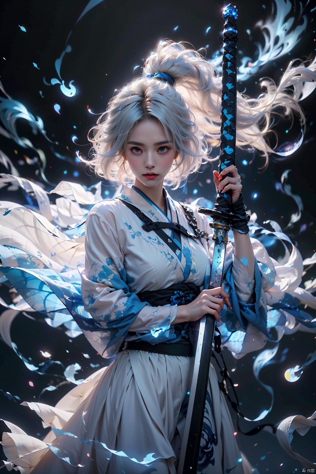  ((best quality)), ((masterpiece)), ((ultra-detailed)), extremely detailed CG, (illustration), ((detailed light)), (an extremely delicate and beautiful), a girl, solo, ((upper body,)), ((cute face)), expressionless, (beautiful detailed eyes), full breasts, (medium breasts:1.2), blue dragon eyes, (Vertical pupil:1.2), white hair, shiny hair, colored inner hair, [Armor_dress], athletic posture, kimono, （(White clothes, long skirt)）,(Drifting with the wind: 1.5).
（(Holding weapons, swords, blades, hilts, scabbard, out scabbards)).
(Motion Blur: 1.2), (Depth of Field: 1.2, (Ray Tracing Lighting: 1.2).
(Surrounded by blue flames：1.3) 
(Black background), （(High contrast) (Bright)）,