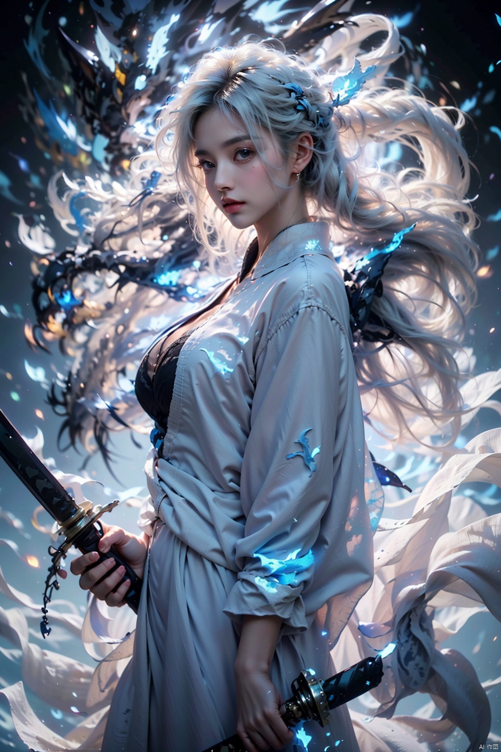  ((best quality)), ((masterpiece)), ((ultra-detailed)), extremely detailed CG, (illustration), ((detailed light)), (an extremely delicate and beautiful), a girl, solo, ((upper body,)), ((cute face)), expressionless, (beautiful detailed eyes), full breasts, (medium breasts:1.2), blue dragon eyes, (Vertical pupil:1.2), white hair, shiny hair, colored inner hair, [Armor_dress], athletic posture, kimono, （(White clothes, long skirt)）,(Drifting with the wind: 1.5).
（(Holding weapons, swords, blades, hilts, scabbard, out scabbards)).
(Motion Blur: 1.2), (Depth of Field: 1.2, (Ray Tracing Lighting: 1.2).
(Surrounded by blue flames：1.3) 
(Black background), （(High contrast) (Bright)）,