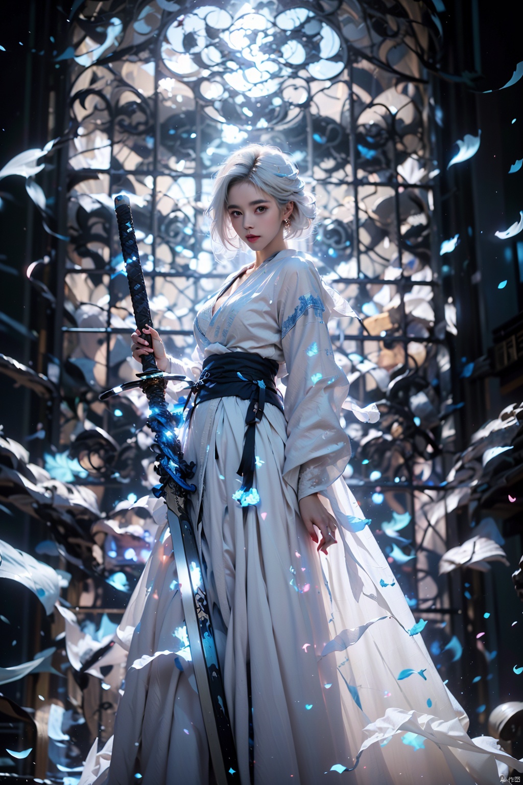  ((best quality)), ((masterpiece)), ((ultra-detailed)), extremely detailed CG, (illustration), ((detailed light)), (an extremely delicate and beautiful), a girl, solo, ((upper body,)), ((cute face)), expressionless, (beautiful detailed eyes), full breasts, (medium breasts:1.2), blue dragon eyes, (Vertical pupil:1.2), white hair, shiny hair, colored inner hair, [Armor_dress], athletic posture, kimono, （(White clothes, long skirt)）,(Drifting with the wind: 1.5).
（(Holding weapons, swords, blades, hilts, scabbard, out scabbards)).
(Motion Blur: 1.2), (Depth of Field: 1.2, (Ray Tracing Lighting: 1.2).
(Surrounded by blue flames：1.3) 
(Black background), （(High contrast) (Bright)）,