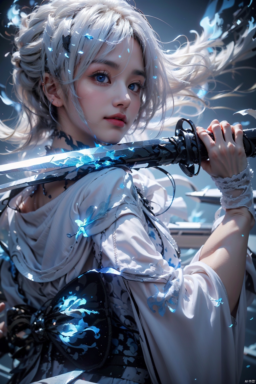  ((best quality)), ((masterpiece)), ((ultra-detailed)), extremely detailed CG, (illustration), ((detailed light)), (an extremely delicate and beautiful), a girl, solo, ((upper body,)), ((cute face)), expressionless, (beautiful detailed eyes), full breasts, (medium breasts:1.2), blue dragon eyes, (Vertical pupil:1.2), white hair, shiny hair, colored inner hair, [Armor_dress], athletic posture, kimono, （(White clothes, long skirt)）,(Drifting with the wind: 1.5).
（(Holding weapons, swords, blades, hilts, scabbard, out scabbards)).
(Motion Blur: 1.2), (Depth of Field: 1.2, (Ray Tracing Lighting: 1.2).
(Surrounded by blue flames：1.3) 
(Black background), （(High contrast) (Bright)）,