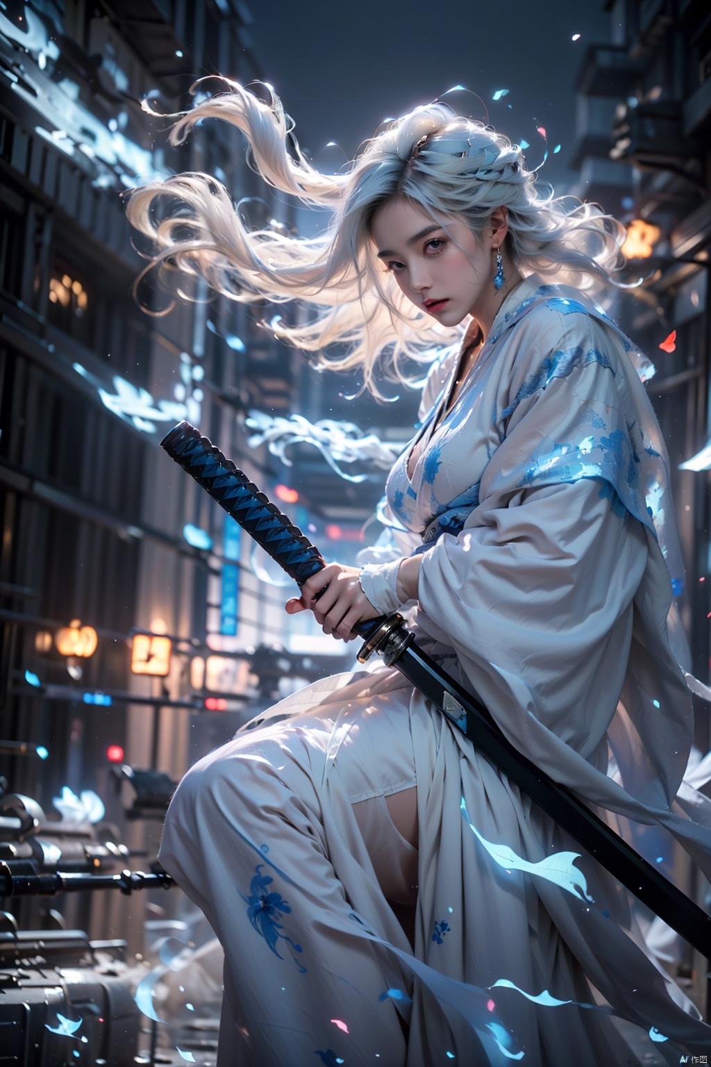  ((best quality)), ((masterpiece)), ((ultra-detailed)), extremely detailed CG, (illustration), ((detailed light)), (an extremely delicate and beautiful), a girl, solo, ((upper body,)), ((cute face)), expressionless, (beautiful detailed eyes), full breasts, (medium breasts:1.2), blue dragon eyes, (Vertical pupil:1.2), white hair, shiny hair, colored inner hair, [Armor_dress], athletic posture, kimono, （(White clothes, long skirt)）,(Drifting with the wind: 1.5).
（(Holding weapons, swords, blades, hilts, scabbard, out scabbards)).
(Motion Blur: 1.2), (Depth of Field: 1.2, (Ray Tracing Lighting: 1.2).
(Surrounded by blue flames：1.3) 
(Black background), （(High contrast) (Bright)）,