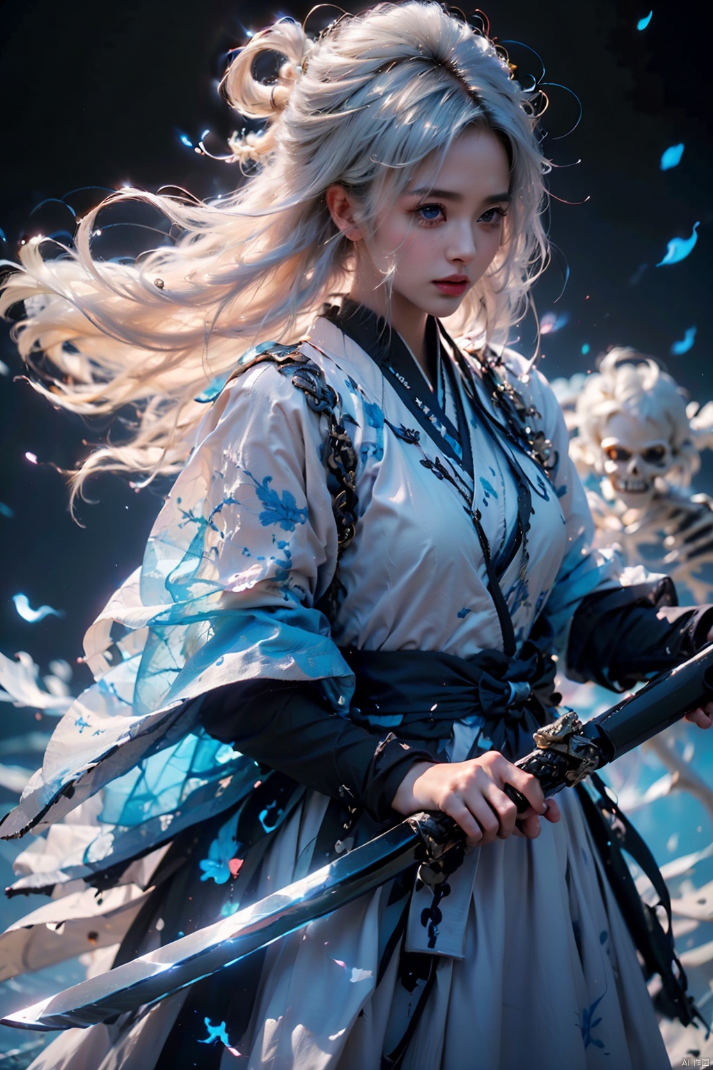  ((best quality)), ((masterpiece)), ((ultra-detailed)), extremely detailed CG, (illustration), ((detailed light)), (an extremely delicate and beautiful), a girl, solo, ((upper body,)), ((cute face)), expressionless, (beautiful detailed eyes), full breasts, (medium breasts:1.2), blue dragon eyes, (Vertical pupil:1.2), white hair, shiny hair, colored inner hair, [Armor_dress], athletic posture, kimono, （(White clothes, long skirt)）,(Drifting with the wind: 1.5).
（(Holding weapons, swords, blades, hilts, scabbard, out scabbards)).
(Motion Blur: 1.2), (Depth of Field: 1.2, (Ray Tracing Lighting: 1.2).
(Surrounded by blue flames：1.3) 
(Black background), （(High contrast) (Bright)）, (There are 2 human skeletons: 1.2), human skeleton, 1 girl
