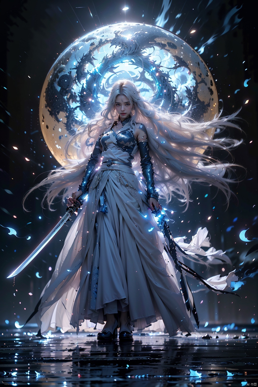  ((best quality)), ((masterpiece)), ((ultra-detailed)), extremely detailed CG, (illustration), ((detailed light)), (an extremely delicate and beautiful), a girl, solo, ((upper body,)), ((cute face)), expressionless, (beautiful detailed eyes), full breasts, (medium breasts:1.2), blue dragon eyes, (Vertical pupil:1.2), white hair, shiny hair, colored inner hair, [Armor_dress], athletic posture, kimono, （(White clothes, long skirt)）,(Drifting with the wind: 1.5).
（(Holding weapons, swords, blades, hilts, scabbard, out scabbards)).
(Motion Blur: 1.2), (Depth of Field: 1.2, (Ray Tracing Lighting: 1.2).
(Surrounded by blue flames：1.3) 
(Black background), （(High contrast) (Bright)）,
