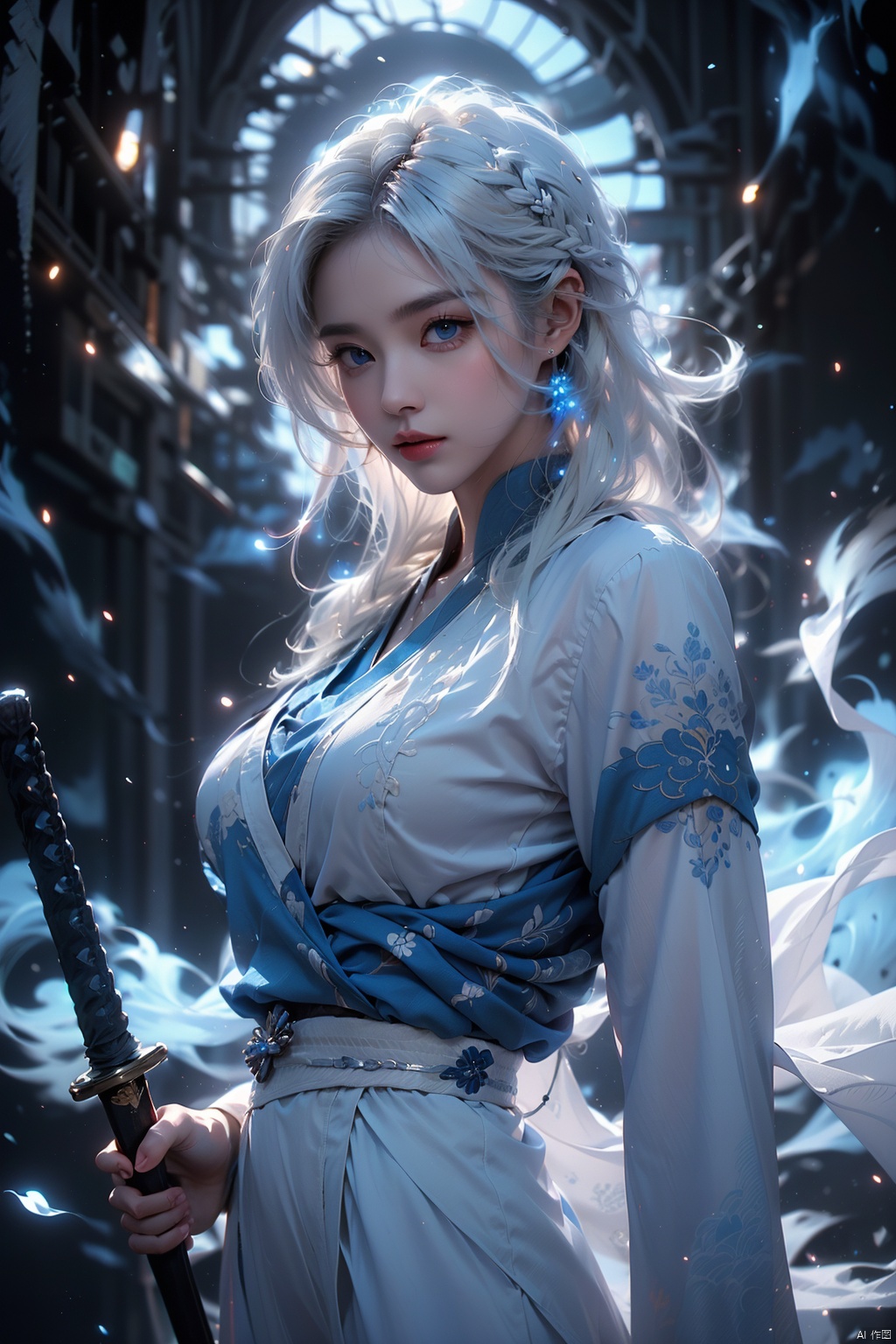 ((best quality)),  ((masterpiece)),  ((ultra-detailed)),  extremely detailed CG,  (illustration),  ((detailed light)),  (an extremely delicate and beautiful),  a girl,  solo,  ((upper body, )),  ((cute face)),  expressionless,  (beautiful detailed eyes),  full breasts,  (medium breasts:1.2),  blue dragon eyes,  (Vertical pupil:1.2),  white hair,  shiny hair,  colored inner hair,  [Armor_dress],  athletic posture,  kimono,  （(White clothes,  long skirt)）, (Drifting with the wind: 1.5).（(Holding weapons,  swords,  blades,  hilts,  scabbard,  out scabbards)).(Motion Blur: 1.2),  (Depth of Field: 1.2,  (Ray Tracing Lighting: 1.2).(Surrounded by blue flames) (Blue clouds and mist)(Black background),  （(High contrast) (Bright)）,  swordsman,  guijian,<lora:EMS-88528-EMS:0.400000>,<lora:EMS-254762-EMS:0.300000>,<lora:EMS-280798-EMS:0.100000>