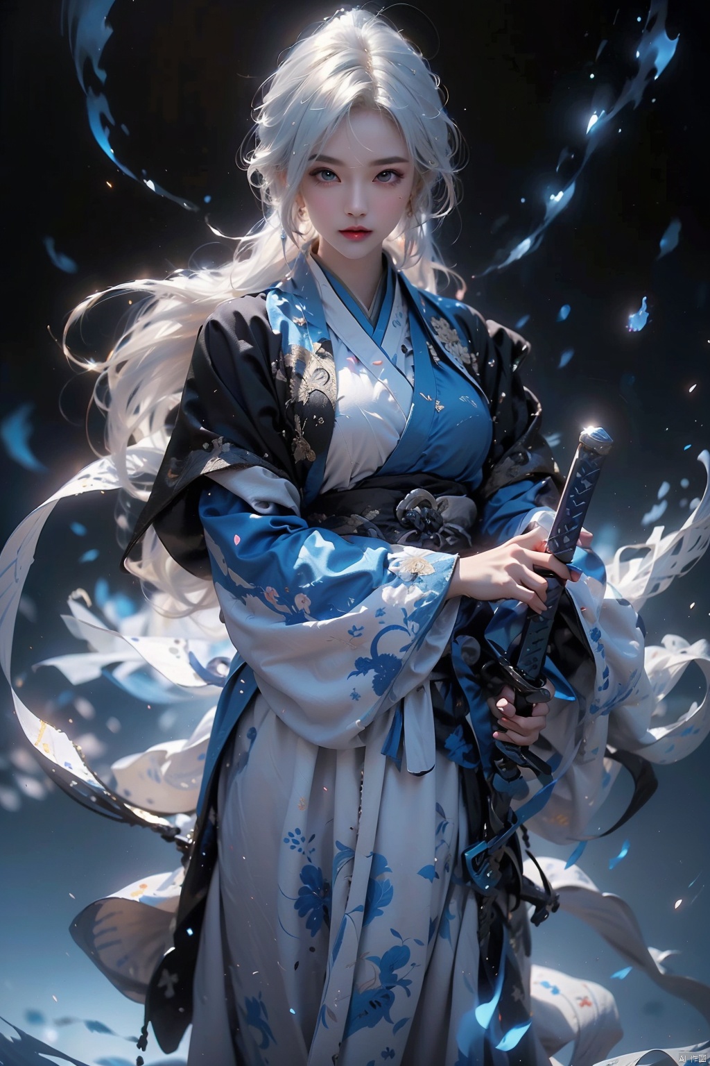 ((best quality)),  ((masterpiece)),  ((ultra-detailed)),  extremely detailed CG,  (illustration),  ((detailed light)),  (an extremely delicate and beautiful),  a girl,  solo,  ((upper body, )),  ((cute face)),  expressionless,  (beautiful detailed eyes),  full breasts,  (medium breasts:1.2),  blue dragon eyes,  (Vertical pupil:1.2),  white hair,  shiny hair,  colored inner hair,  [Armor_dress],  athletic posture,  kimono,  （(White clothes,  long skirt)）, (Drifting with the wind).（(Holding weapons,  swords,  blades,  hilts,  scabbard,  out scabbards)).(Motion Blur: 1.2),  (Depth of Field: 1.2,  (Ray Tracing Lighting: 1.2).(Blue flame：1.5).(Black background),  （(High contrast) (Bright)）,  swordsman,<lora:EMS-254762-EMS:0.500000>,<lora:EMS-280798-EMS:0.200000>,<lora:EMS-7412-EMS:0.100000>