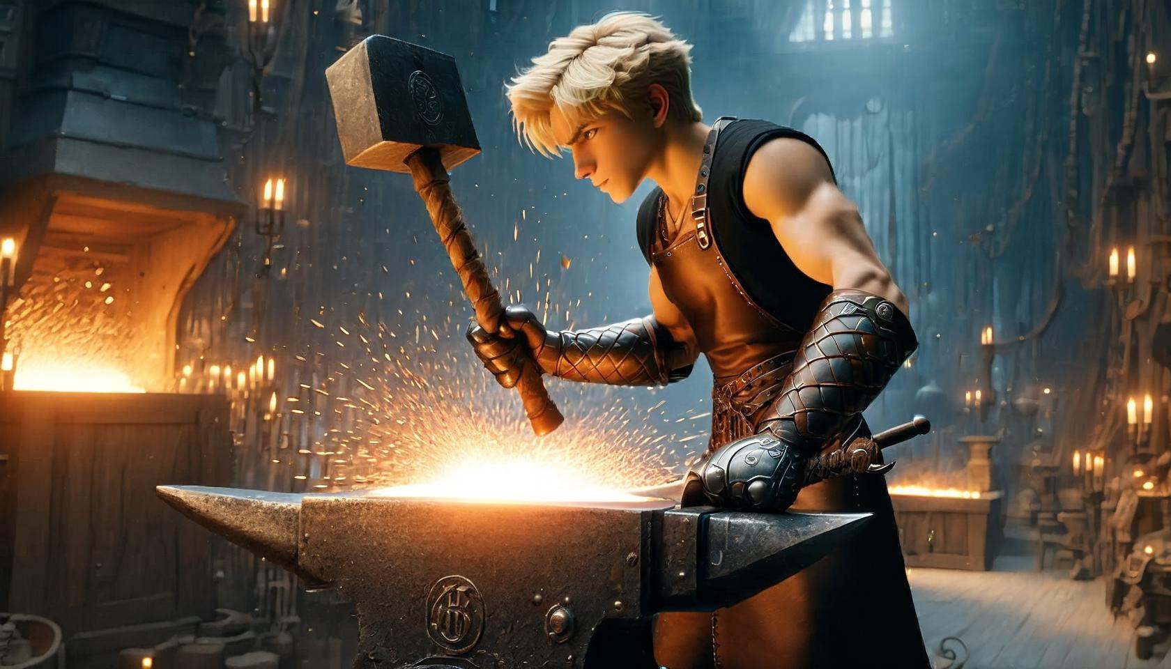 Photograph of  disney animation, blacksmith cute frog forges armour,  working in a huge forge. in paw big fantasy (hammer:1.6), Dressed in (leather trousers:1.3) and (blacksmith's apron:1.3), thick black leather gloves, heated iron laid on magical (an anvil:1.9). short blonde hair, Lots of sparks, hot, looking at viewer, short hair, (masterpiece), (best quality:1.2), intricate details, (highly detailed skin:1.2),intricate details, 8k post production, high resolution, hyper detailed, trending on artstation, sharp focus, studio photo, intricate details, highly detailed,  , captured on a (Hasselblad X1D II 50C)