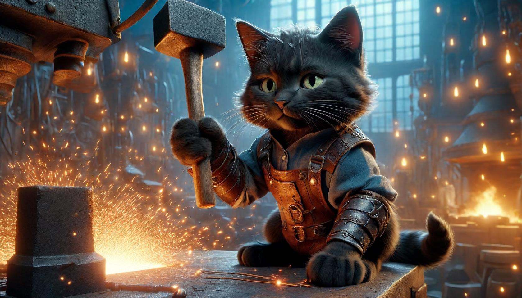 Photograph of  disney animation, blacksmith cat, hammer in paw, (masterpiece), (best quality:1.2), intricate details, (highly detailed skin:1.2),intricate details, 8k post production, high resolution, hyper detailed, trending on artstation, sharp focus, studio photo, intricate details, highly detailed,  , captured on a (Hasselblad X1D II 50C)
