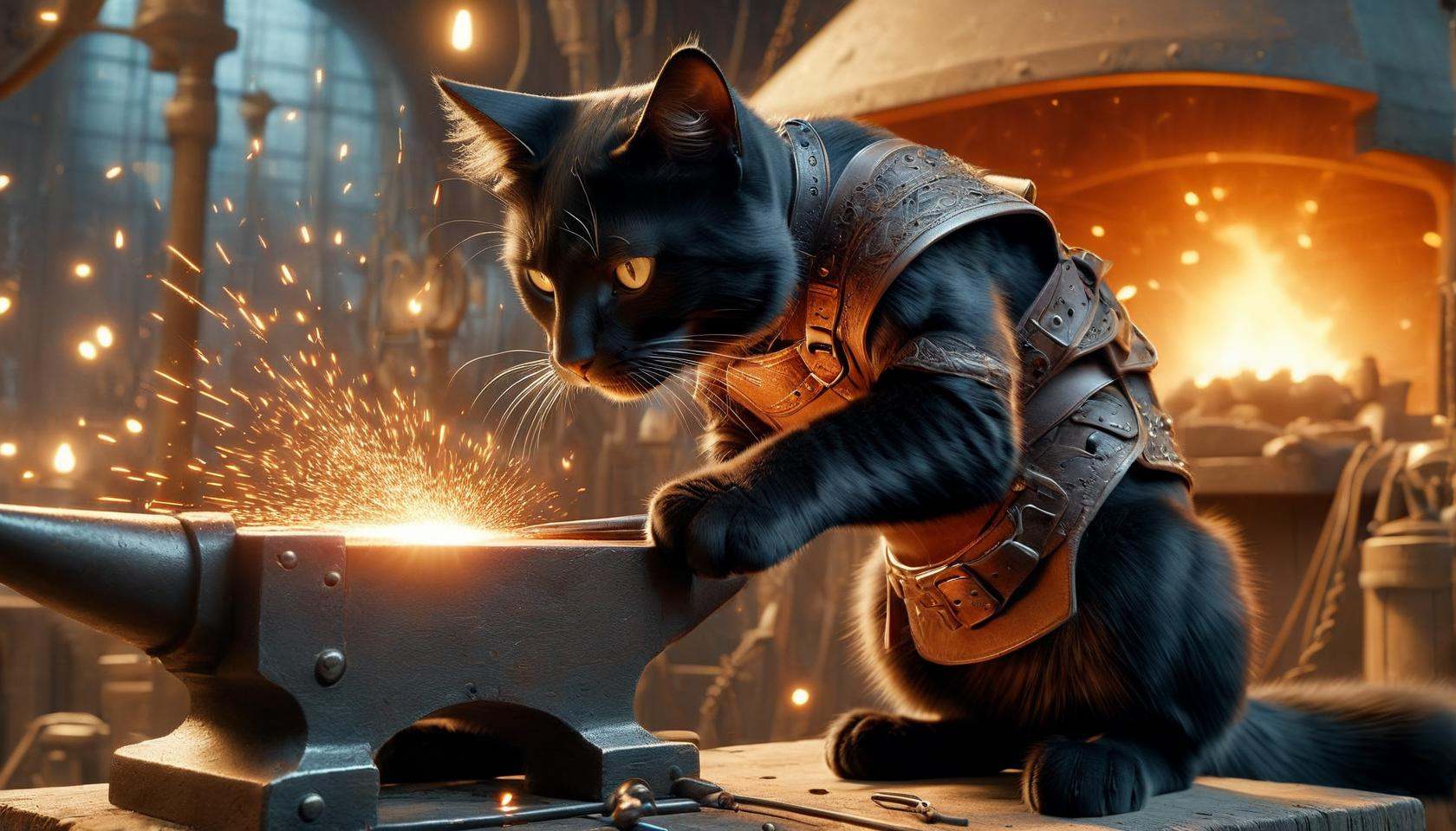 Photograph of  disney animation, blacksmith cat, (masterpiece), (best quality:1.2), intricate details, (highly detailed skin:1.2),intricate details, 8k post production, high resolution, hyper detailed, trending on artstation, sharp focus, studio photo, intricate details, highly detailed,  , captured on a (Hasselblad X1D II 50C)