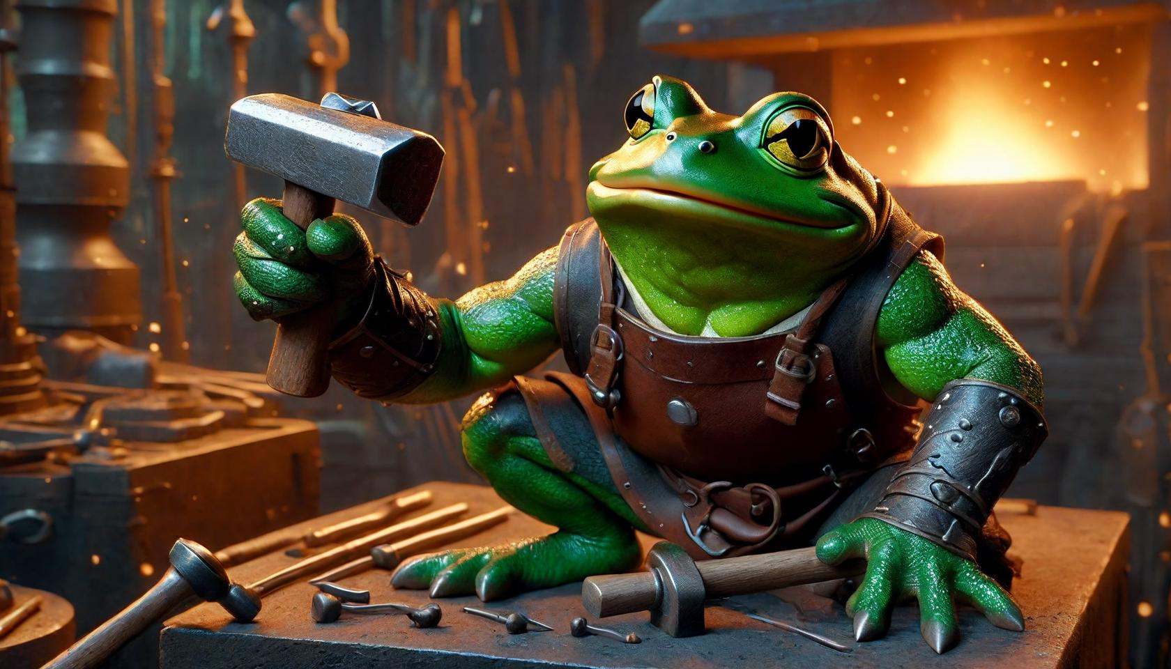 Photograph of  disney animation, blacksmith frog with green long furry, hammer in paw, (masterpiece), (best quality:1.2), intricate details, (highly detailed skin:1.2),intricate details, 8k post production, high resolution, hyper detailed, trending on artstation, sharp focus, studio photo, intricate details, highly detailed,  , captured on a (Hasselblad X1D II 50C)
