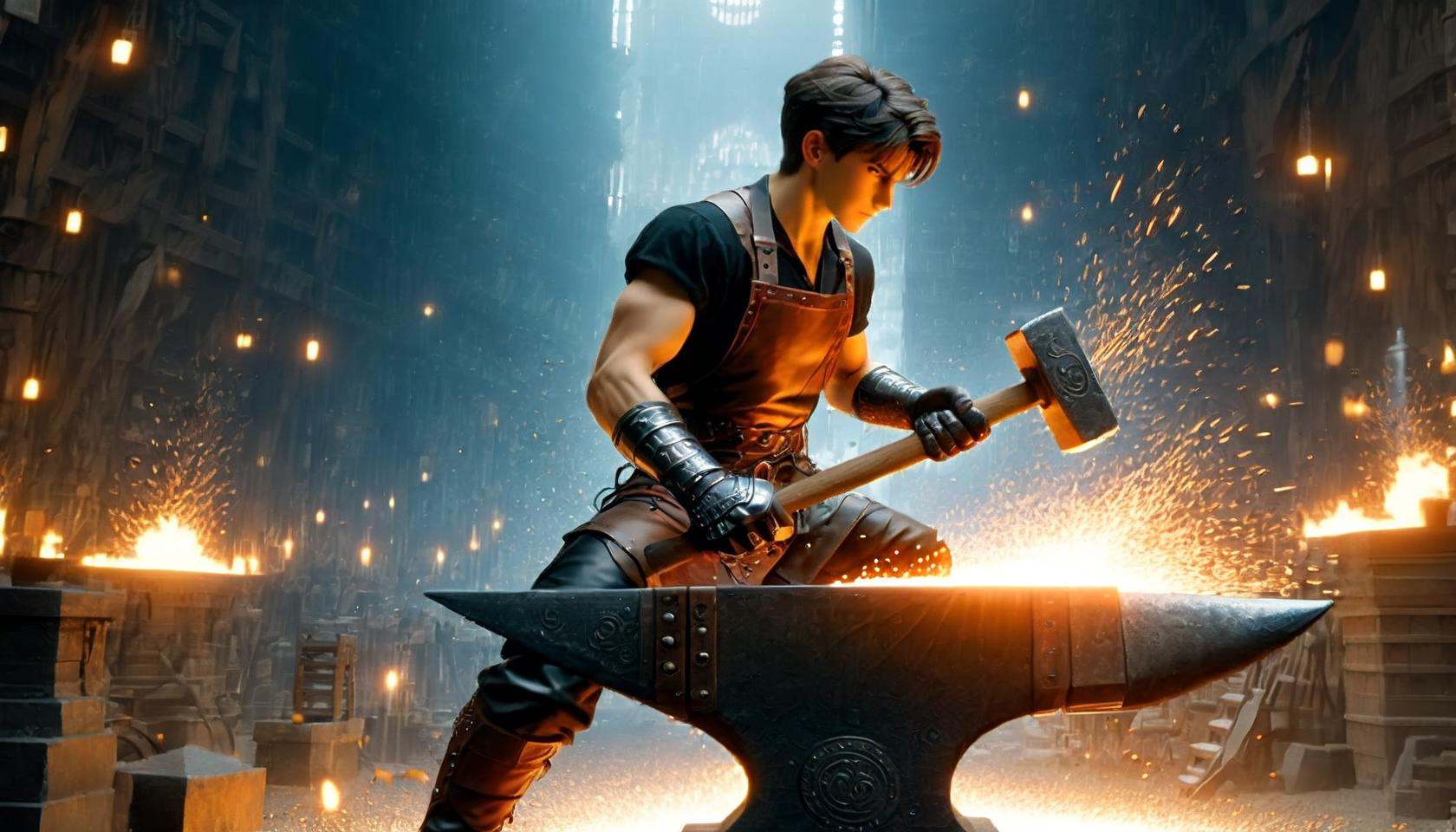 Photograph of  disney animation, blacksmithcute boy forges armour,  working in a huge forge. in paw big fantasy (hammer:1.6), Dressed in (leather trousers:1.3) and (blacksmith's apron:1.3), thick black leather gloves, heated iron laid on magical (an anvil:1.9). Lots of sparks, hot, looking at viewer, short hair, (masterpiece), (best quality:1.2), intricate details, (highly detailed skin:1.2),intricate details, 8k post production, high resolution, hyper detailed, trending on artstation, sharp focus, studio photo, intricate details, highly detailed,  , captured on a (Hasselblad X1D II 50C)