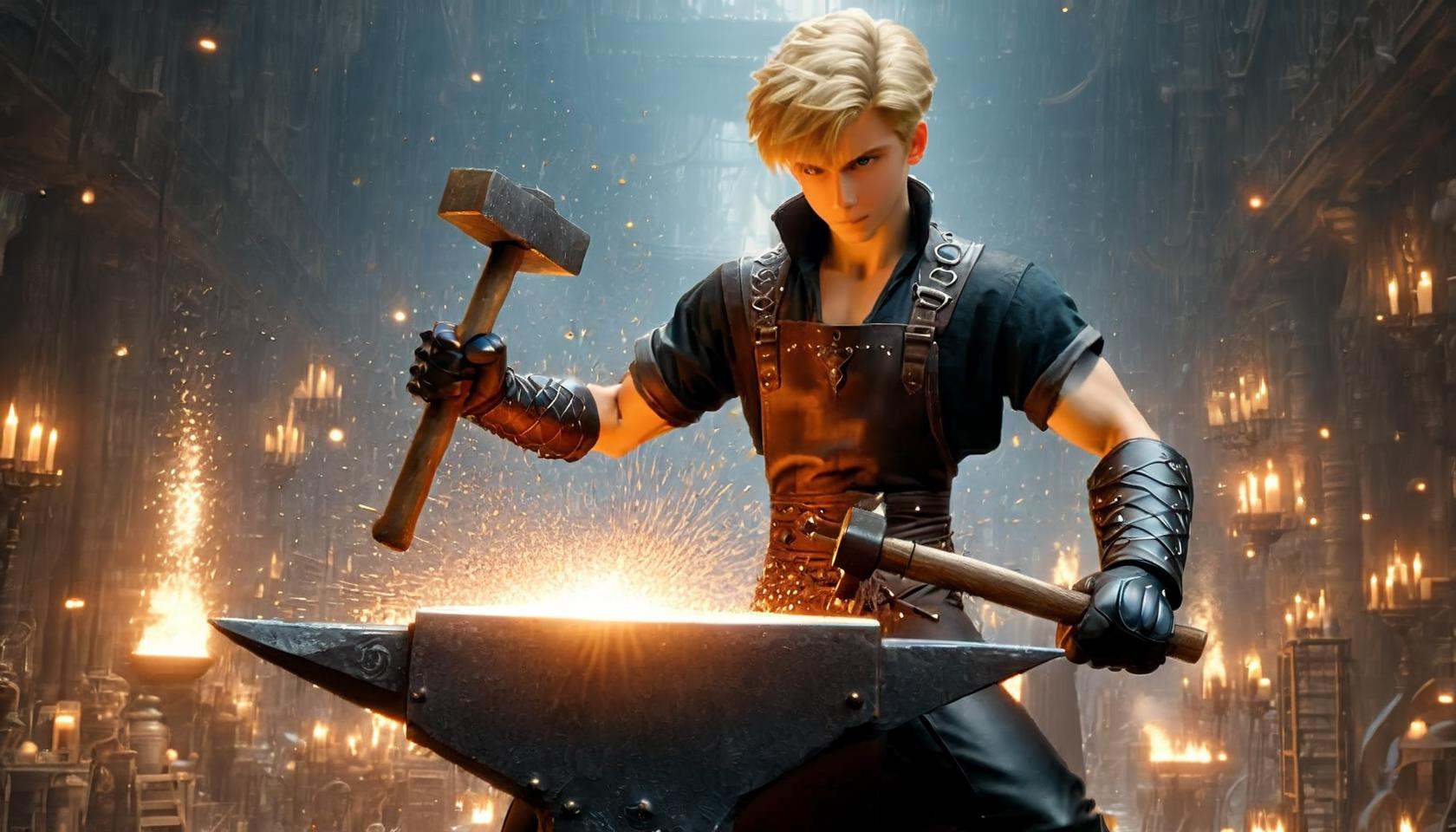 Photograph of  disney animation, blacksmith cute boy forges armour,  working in a huge forge. in paw big fantasy (hammer:1.6), Dressed in (leather trousers:1.3) and (blacksmith's apron:1.3), thick black leather gloves, heated iron laid on magical (an anvil:1.9). short blonde hair, Lots of sparks, hot, looking at viewer, short hair, (masterpiece), (best quality:1.2), intricate details, (highly detailed skin:1.2),intricate details, 8k post production, high resolution, hyper detailed, trending on artstation, sharp focus, studio photo, intricate details, highly detailed,  , captured on a (Hasselblad X1D II 50C)