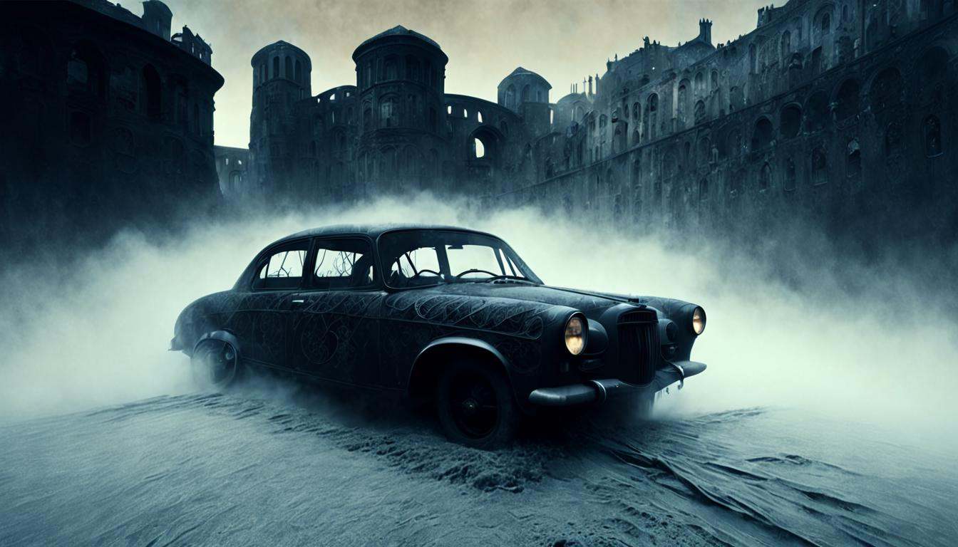Moody gothic boudoir illustration of a car,  river,  city on Tensor.Art