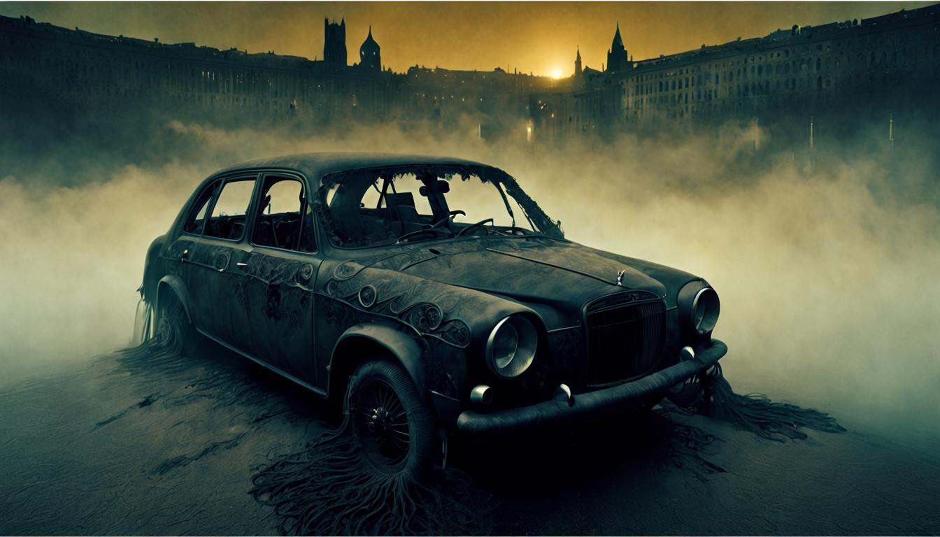 Moody gothic boudoir illustration of a car,  river,  city on Tensor.Art