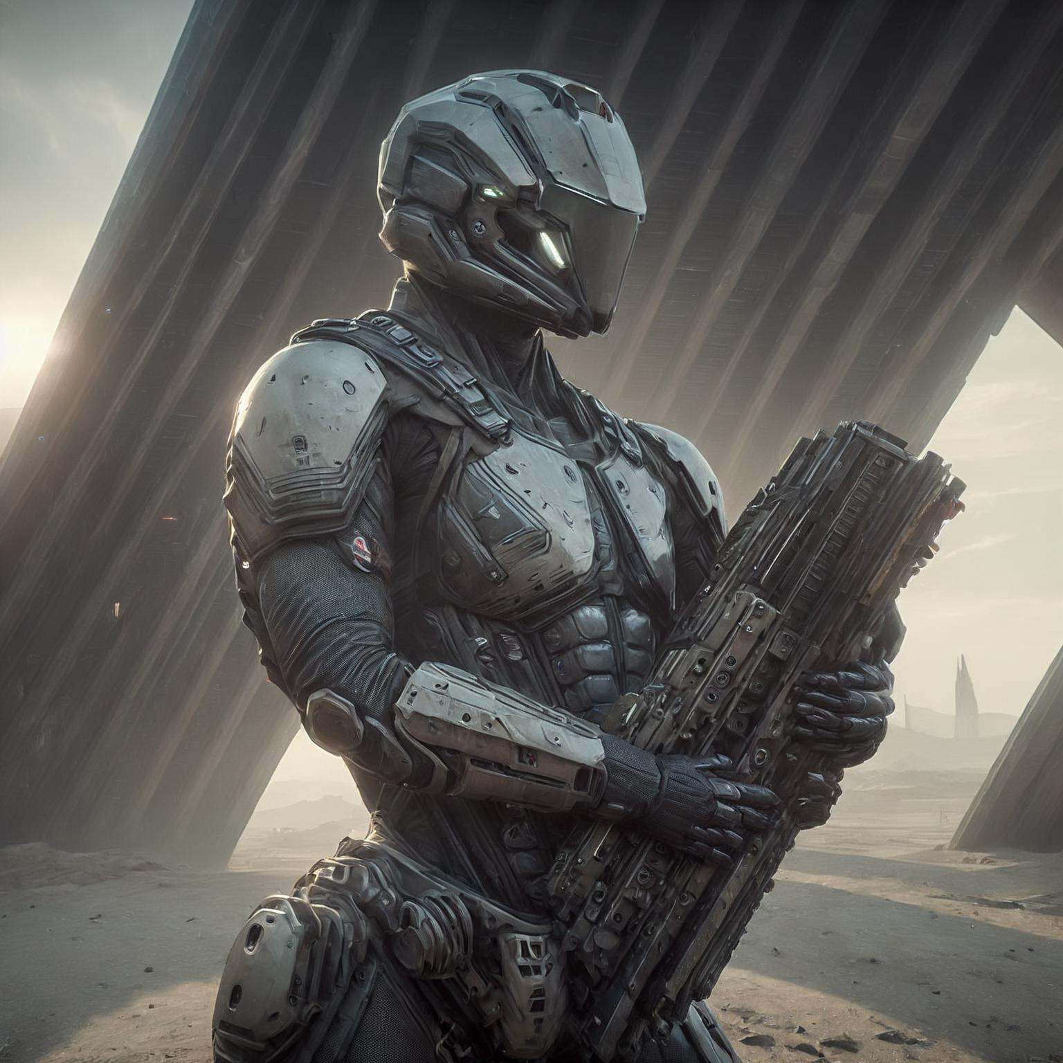 Photograph of  Sultry boudoir photography epic a female (caldari mercenary:1.8) in a suit with (a cybernetic shield) in the ((smooth) cosmic combat armour:1.6)) in (hexagonal finish:1.7), after battle,(without rivets:1.6), standing in front of a destroyed futuristic building,hangar, destroyed futuristic wall, demolish, (laser beams), (science fiction cubic fortres), hdr, 16k uhd, (half body), green shadows, green light, green studio light, caldari mercenary helmet. Silks, elegant lingerie, seductive gaze, carefully posed, captured on a (Canon EOS-1D X Mark III)