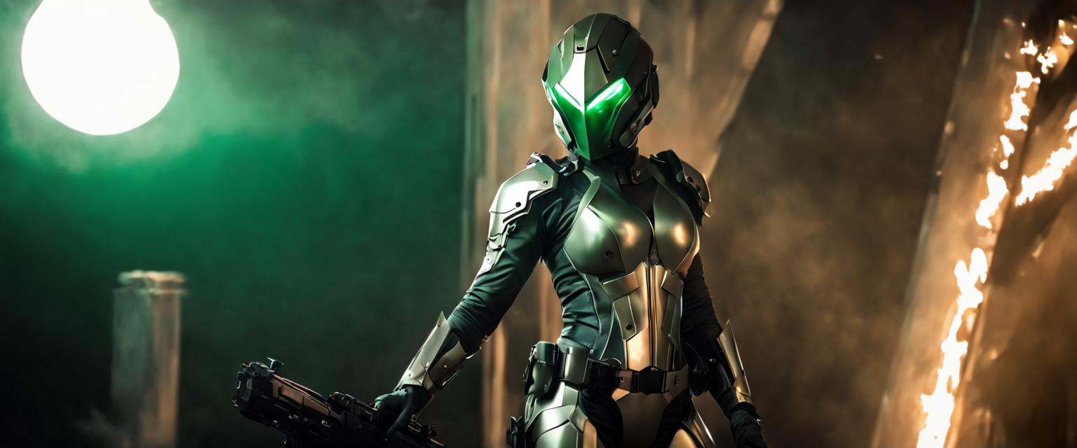 Sultry boudoir photography epic a female (caldari mercenary:1.8) in a suit with (a cybernetic shield) in the (smooth cosmic armour:1.5)) in (hexagonal finish),(without rivets:1.3), standing in front of a destroyed futuristic building, demolish, (laser beams), (science fiction cubic fortres), hdr, 16k uhd, (half body), green shadows, green light, green studio light, caldari mercenary helmet,. Silks, elegant lingerie, seductive gaze, carefully posed
